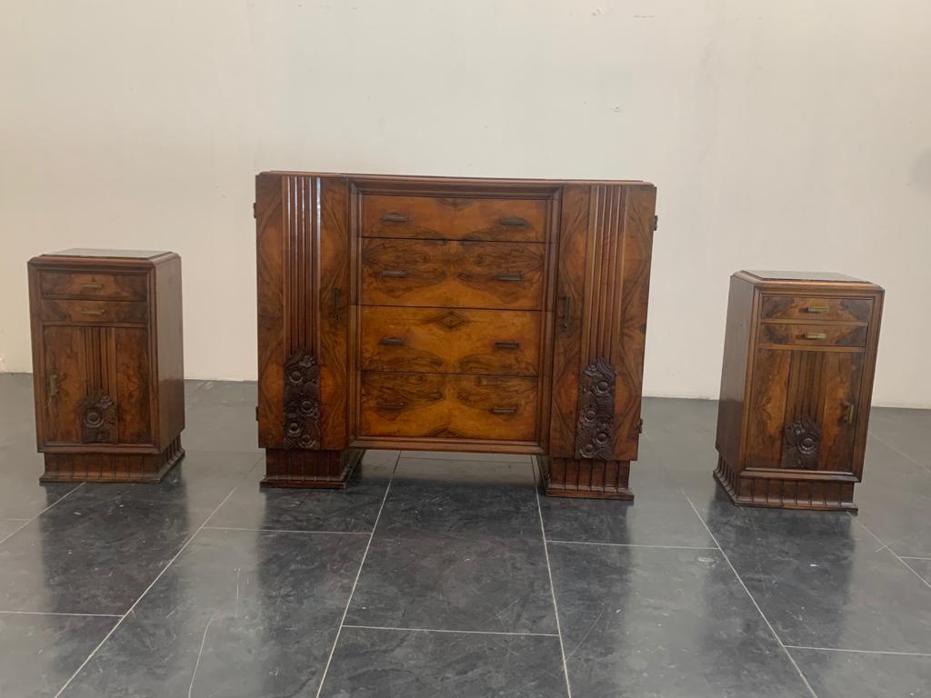 Art Deco Dresser & Bedside Tables Set, Set of 3 In Good Condition In Montelabbate, PU