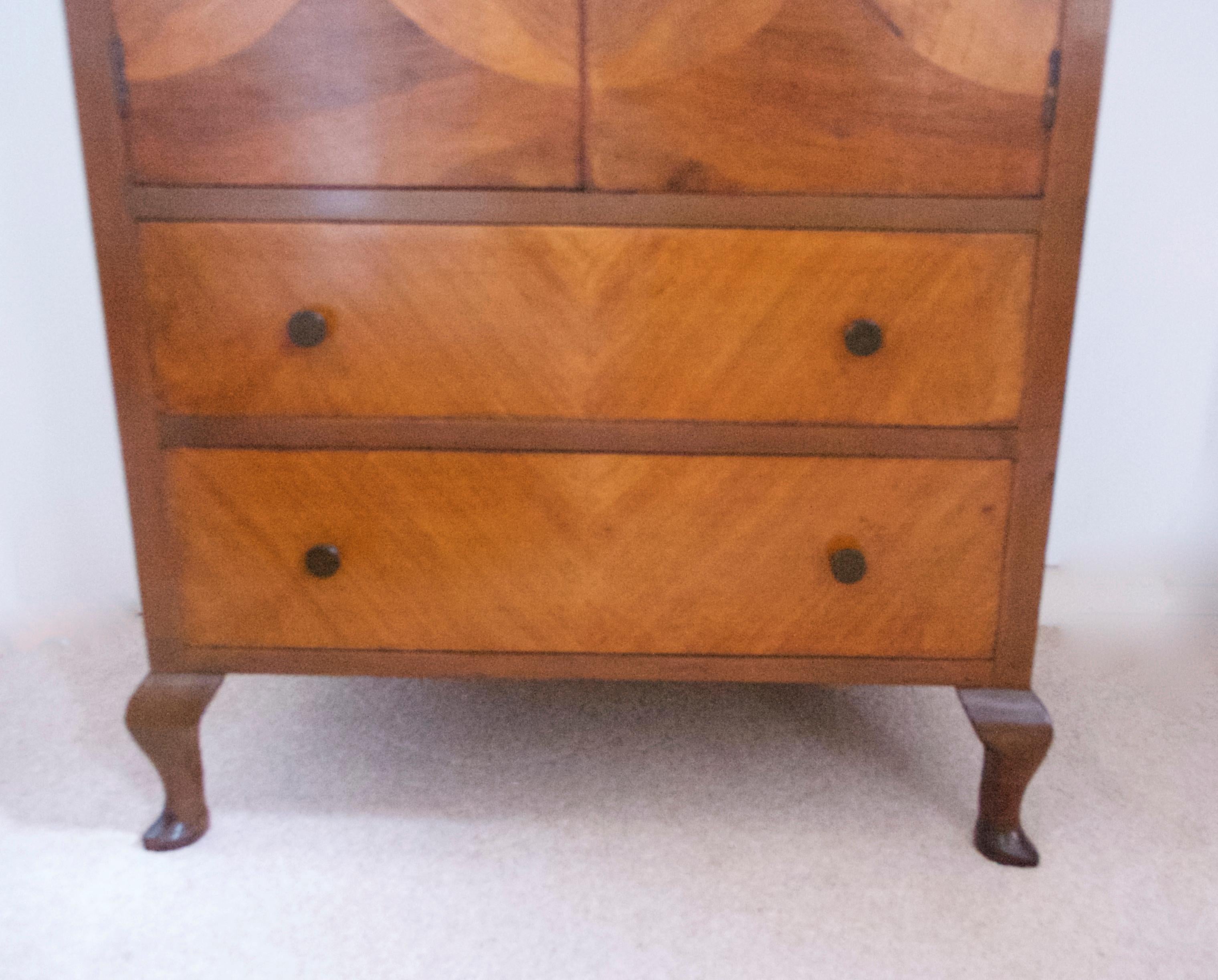 British Art Deco Dresser/Linen Cupboard with Marquetry Doors and Two Drawers, 1930 For Sale