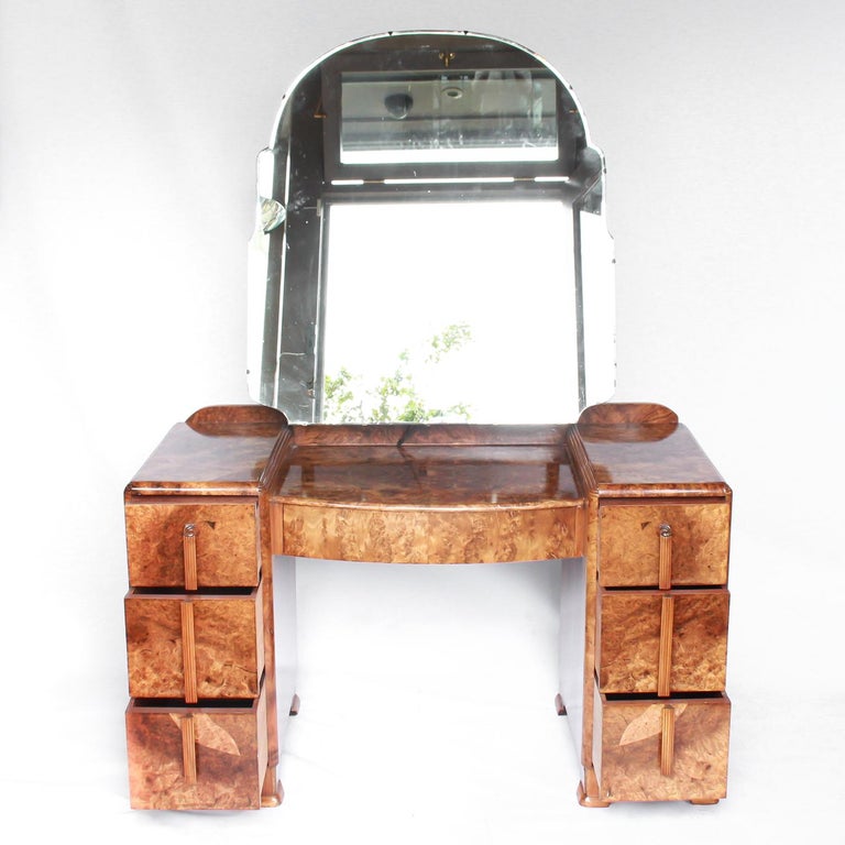 Art Deco Dressing Table Burr Walnut Veneer and Original Shaped Mirror