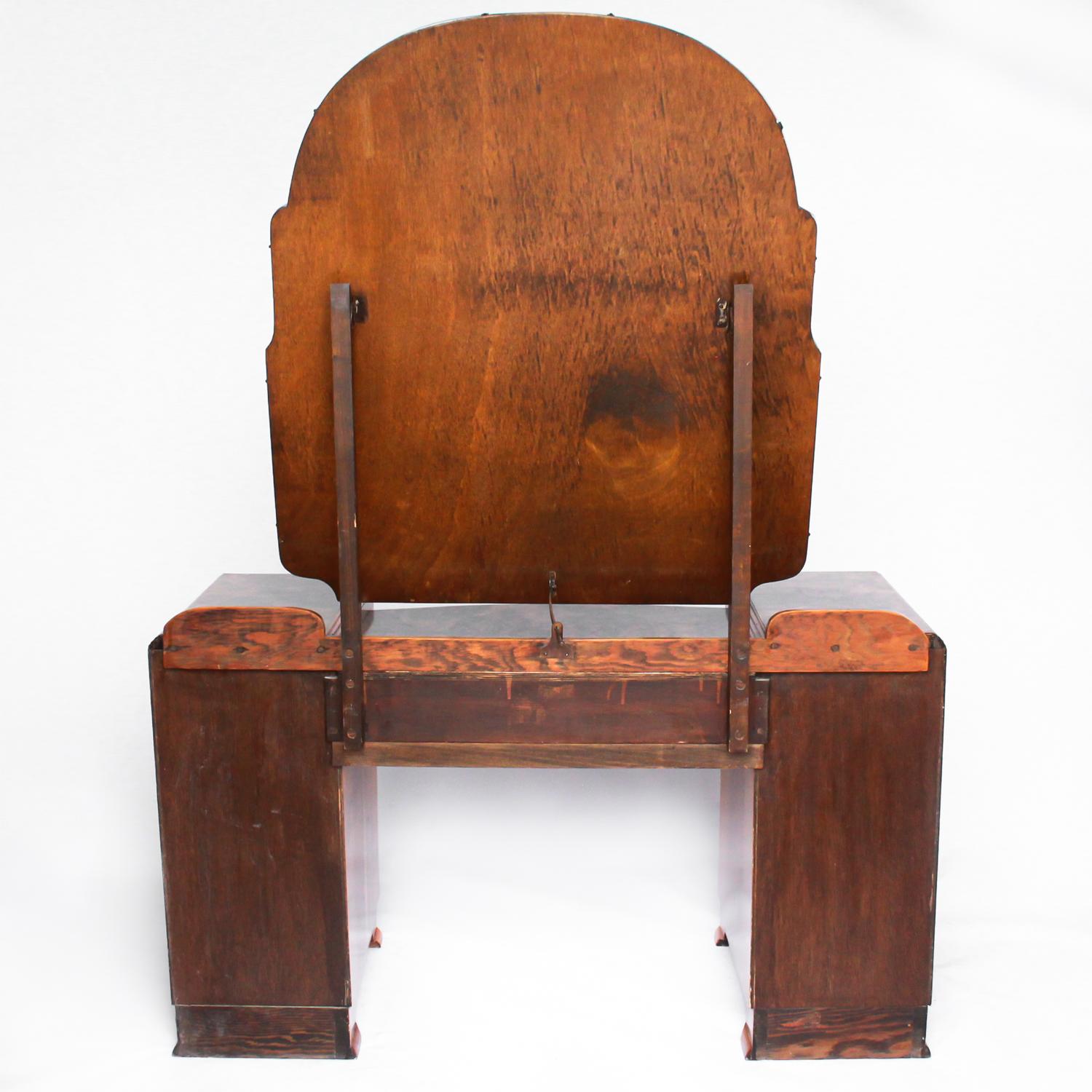 English Art Deco Dressing Table Burr Walnut Veneer and Original Shaped Mirror circa 1930