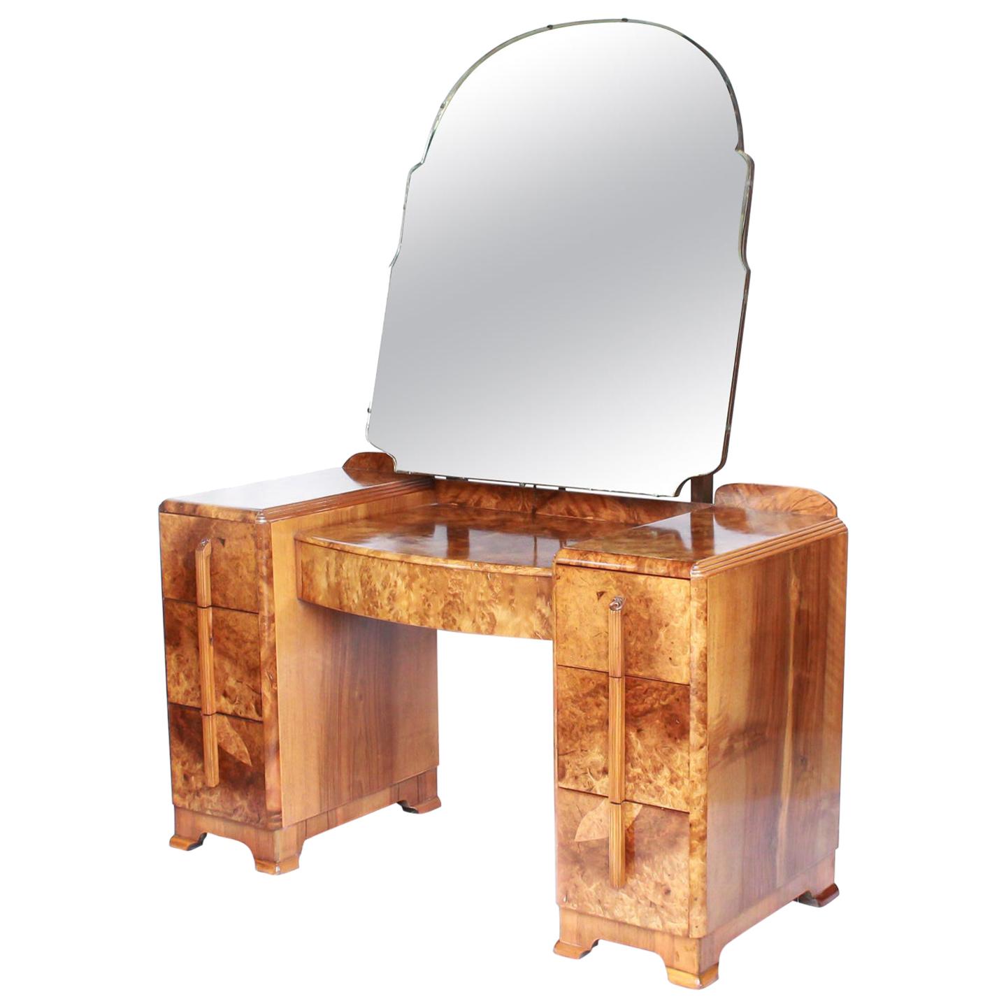 Art Deco Dressing Table Burr Walnut Veneer and Original Shaped Mirror circa 1930