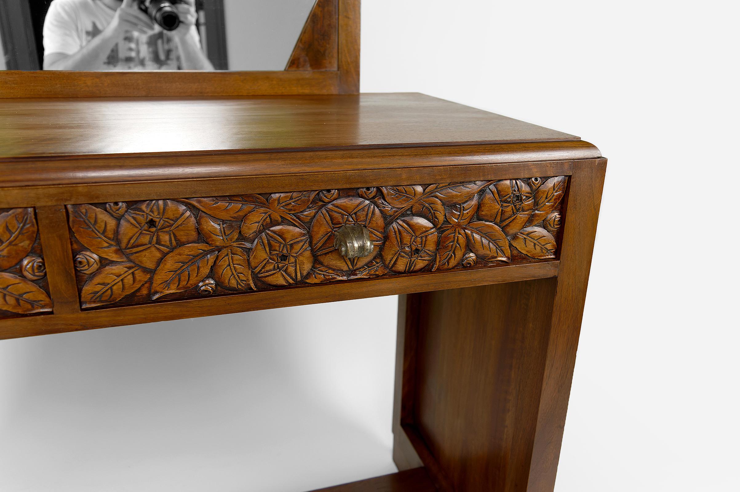 Bronze Art Deco Dressing Table in Carved Walnut, France, circa 1930 For Sale
