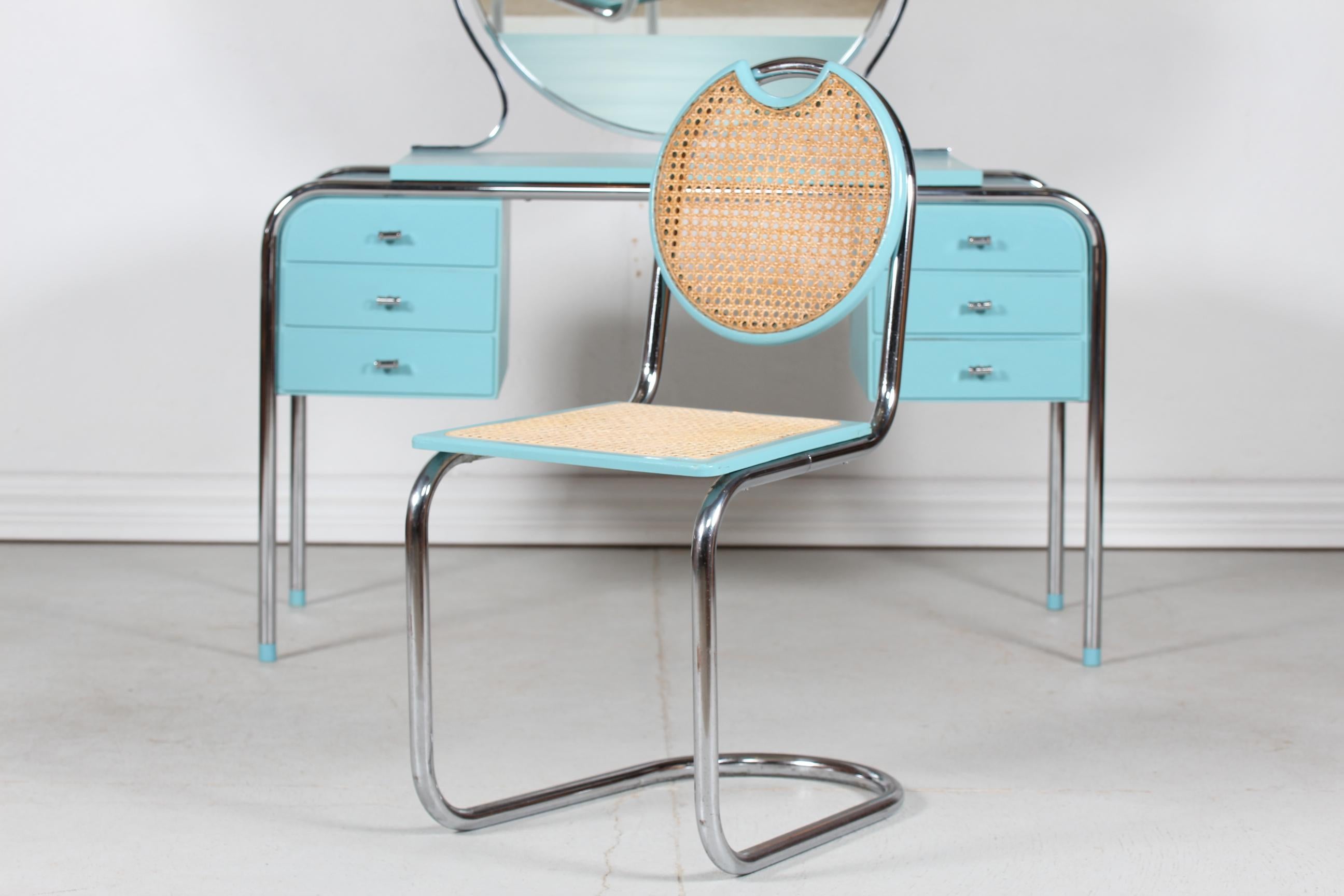 Art Deco Dressing Table with Round Mirror and Chair Danish Cabinetmaker, 1930's For Sale 1