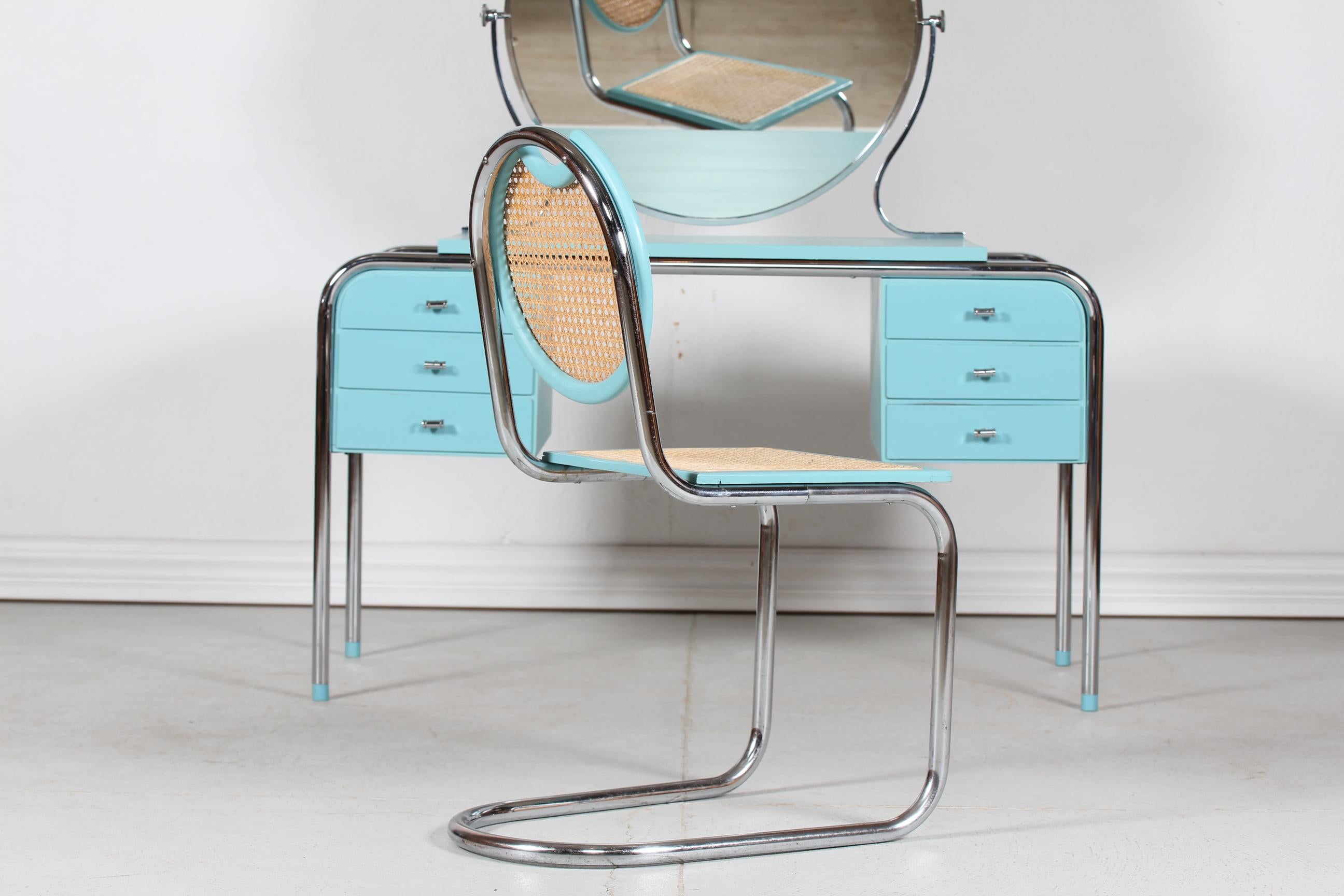 Table de coiffeuse Art déco avec miroir rond et chaise d'ébéniste danois, années 1930 en vente 7