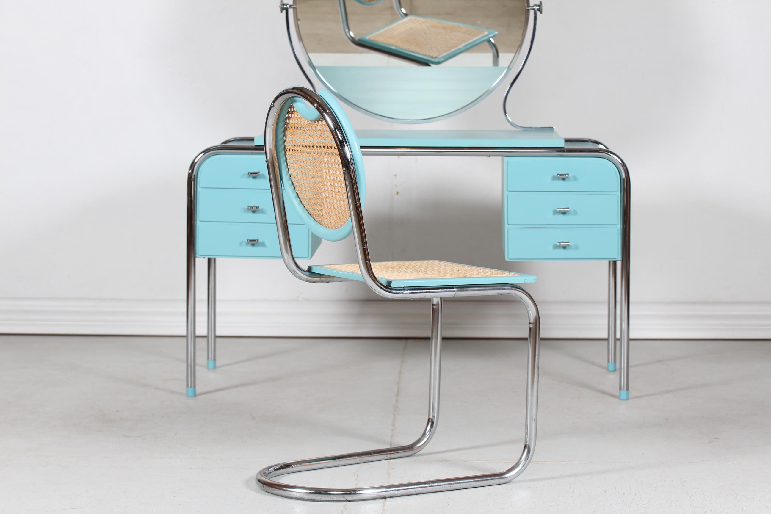 Table de coiffeuse Art déco avec miroir rond et chaise d'ébéniste danois, années 1930 en vente 8