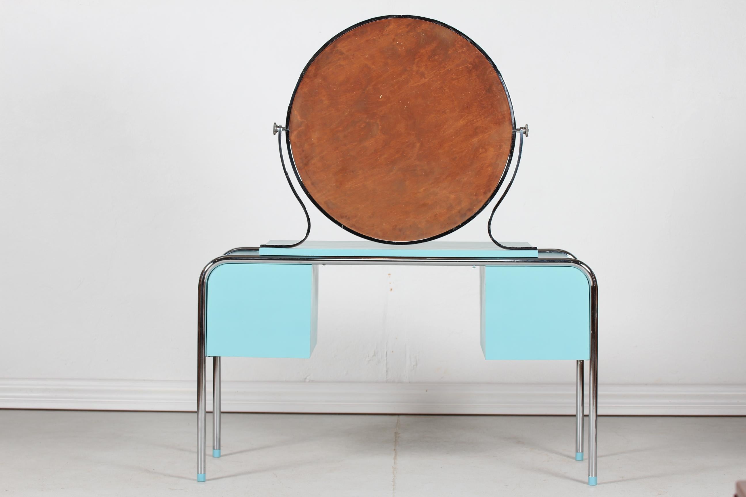 20th Century Art Deco Dressing Table with Round Mirror and Chair Danish Cabinetmaker, 1930's For Sale