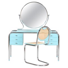 Art Deco Dressing Table with Round Mirror and Chair Danish Cabinetmaker, 1930s