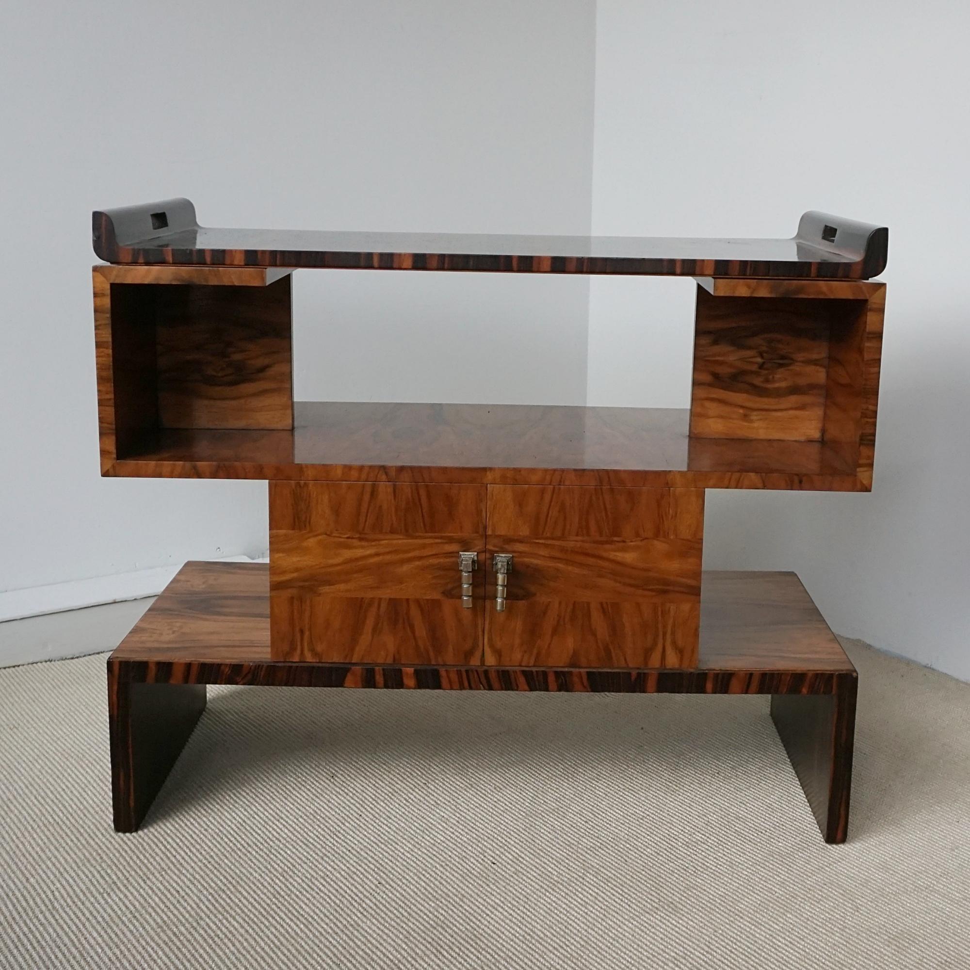 English Art Deco Drinks Table/Cabinet with Removable Maccasar Ebony Serving Tray