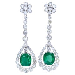 Art Deco Drop Earrings Platinum Diamond Emerald Cushion Cut Estate Jewelry