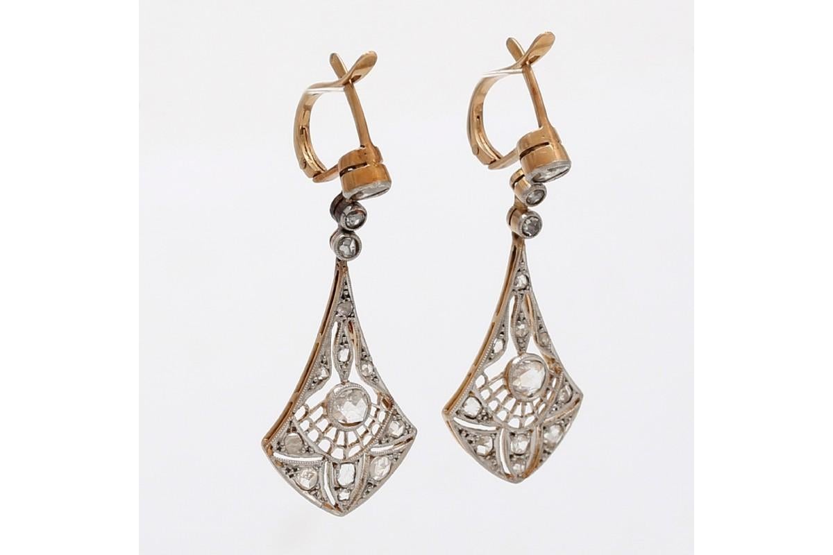 Old Mine Cut Art Deco drop gold earrings with diamonds, circa 1925.