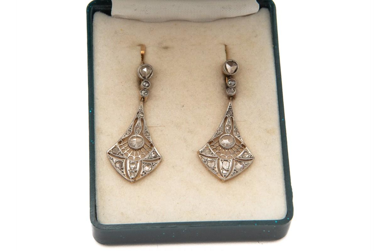 Women's or Men's Art Deco drop gold earrings with diamonds, circa 1925.
