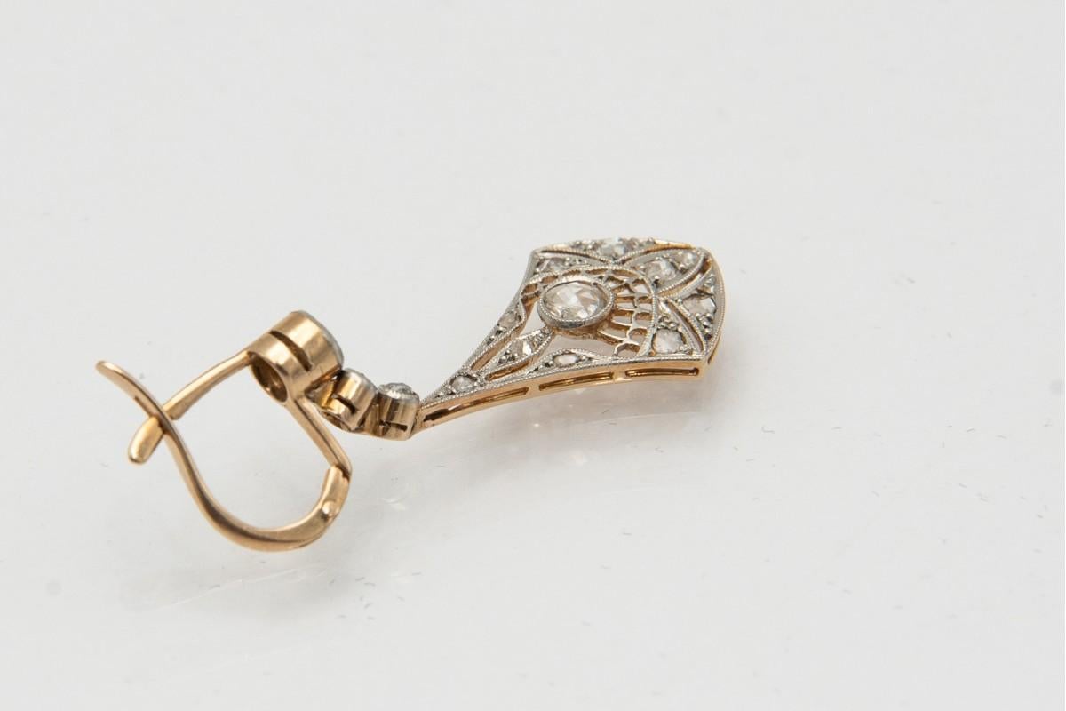Art Deco drop gold earrings with diamonds, circa 1925. 4