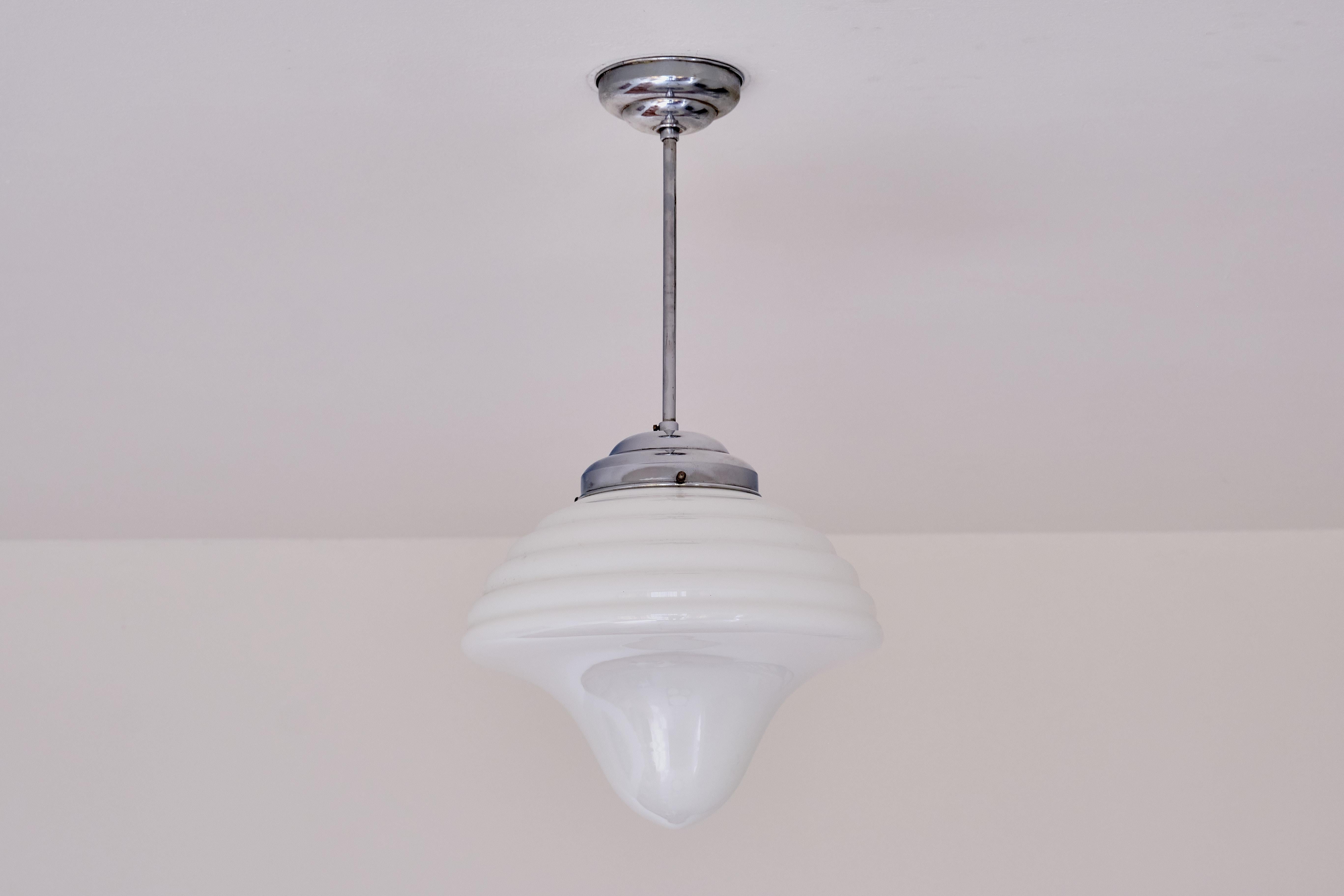 Art Deco Drop Shaped Pendant Light in Opal Glass and Nickel, Netherlands, 1930s For Sale 4