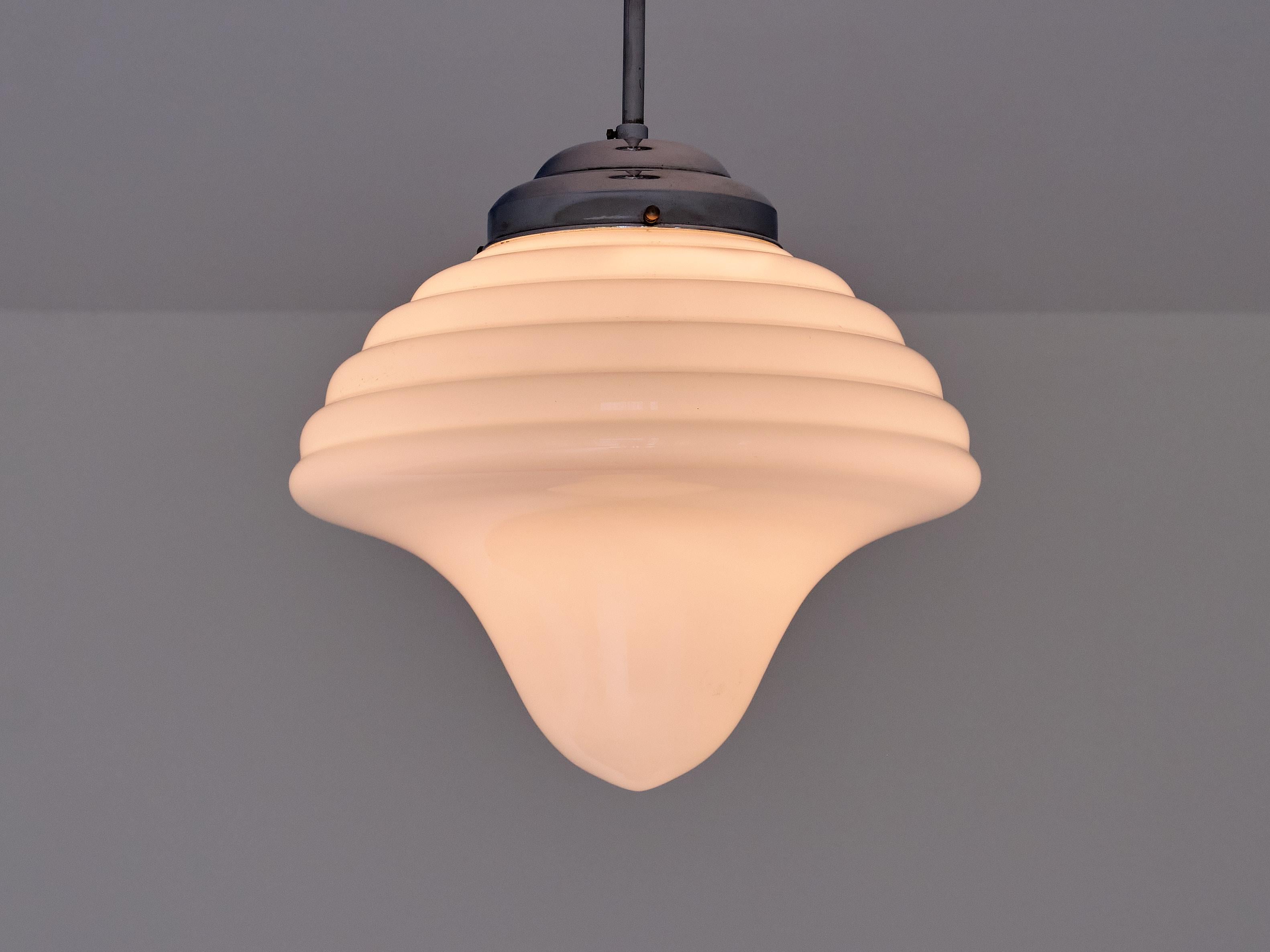 Dutch Art Deco Drop Shaped Pendant Light in Opal Glass and Nickel, Netherlands, 1930s For Sale