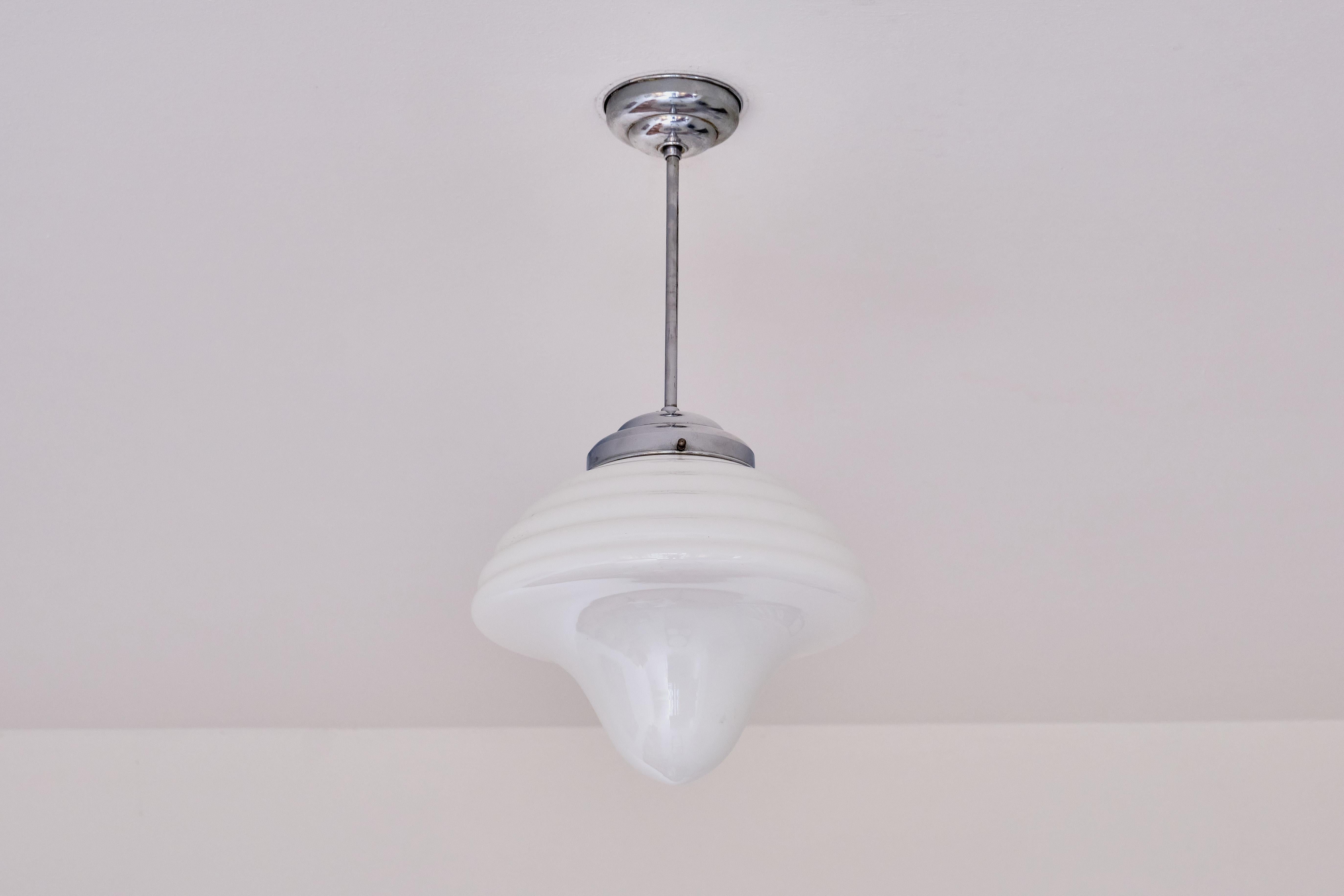 Art Deco Drop Shaped Pendant Light in Opal Glass and Nickel, Netherlands, 1930s In Good Condition For Sale In The Hague, NL
