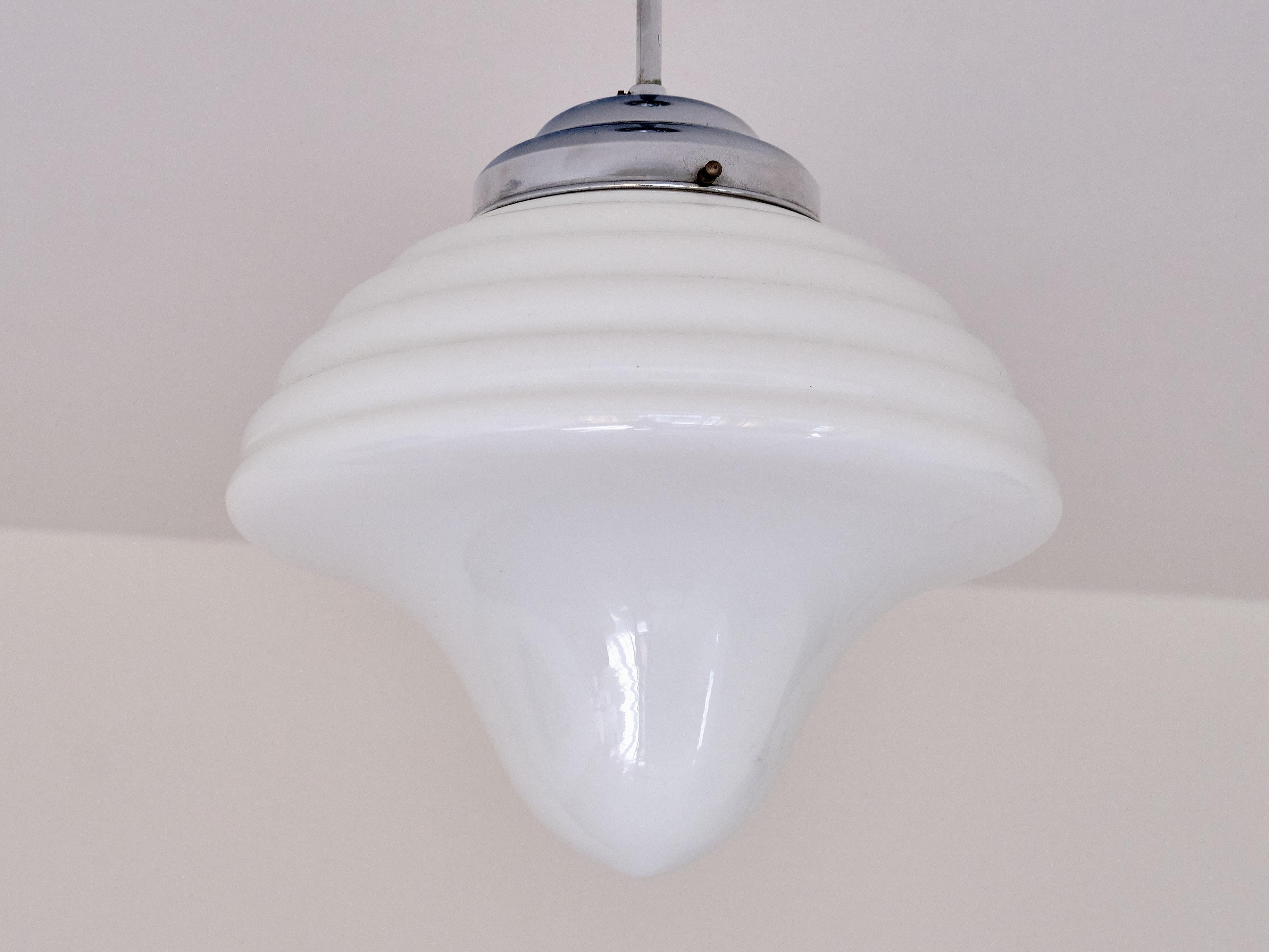 Mid-20th Century Art Deco Drop Shaped Pendant Light in Opal Glass and Nickel, Netherlands, 1930s For Sale