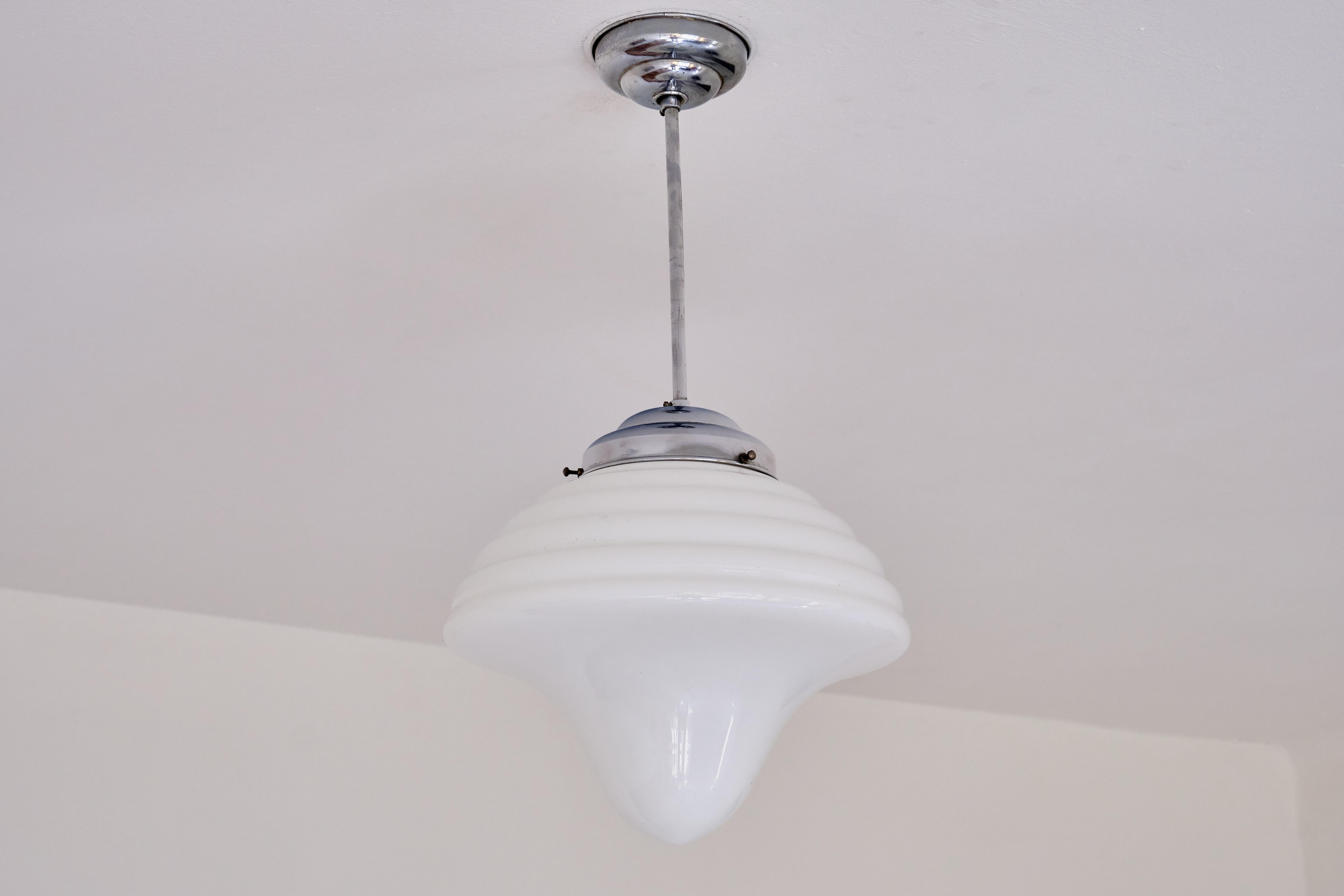 Opaline Glass Art Deco Drop Shaped Pendant Light in Opal Glass and Nickel, Netherlands, 1930s For Sale
