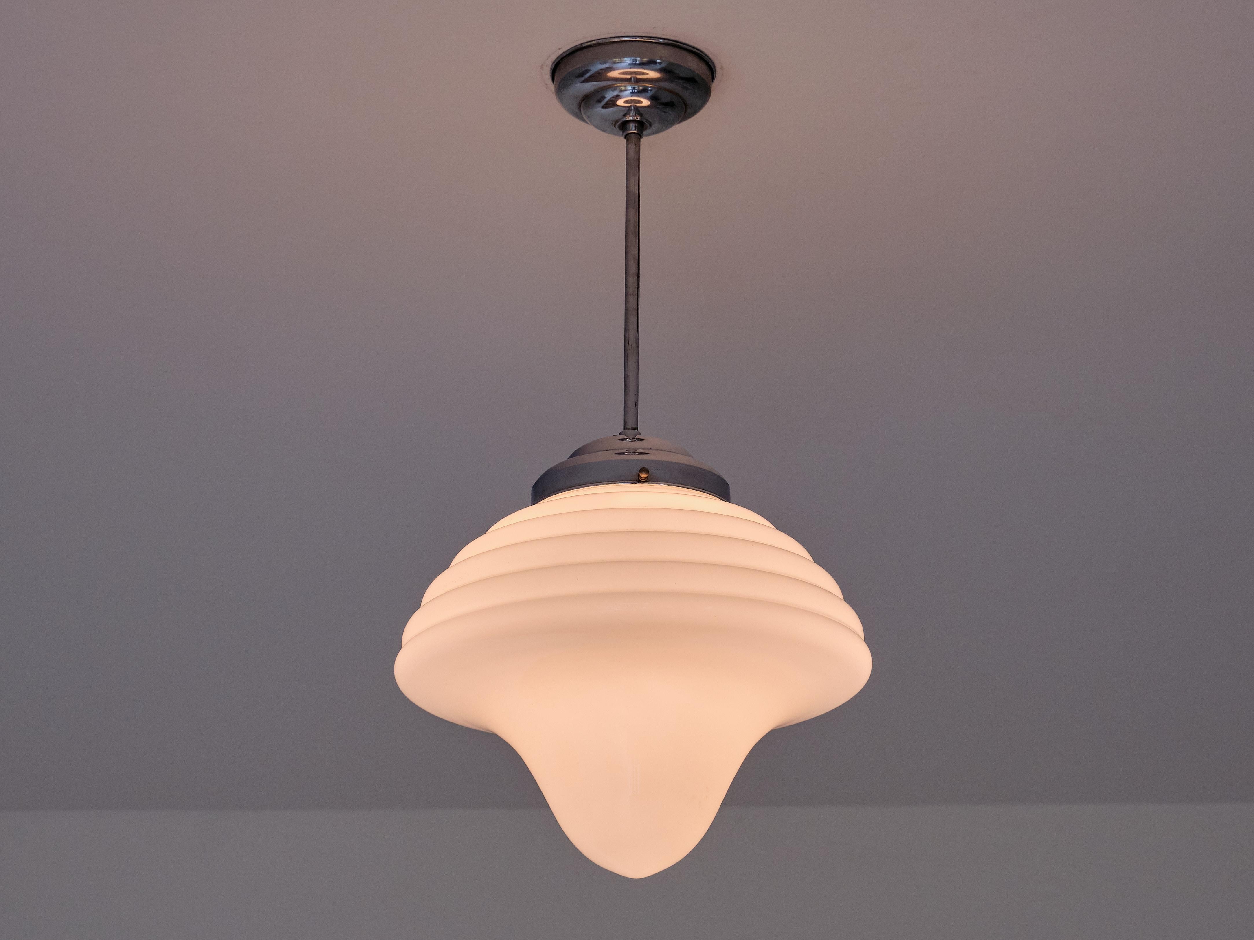 Art Deco Drop Shaped Pendant Light in Opal Glass and Nickel, Netherlands, 1930s For Sale 1