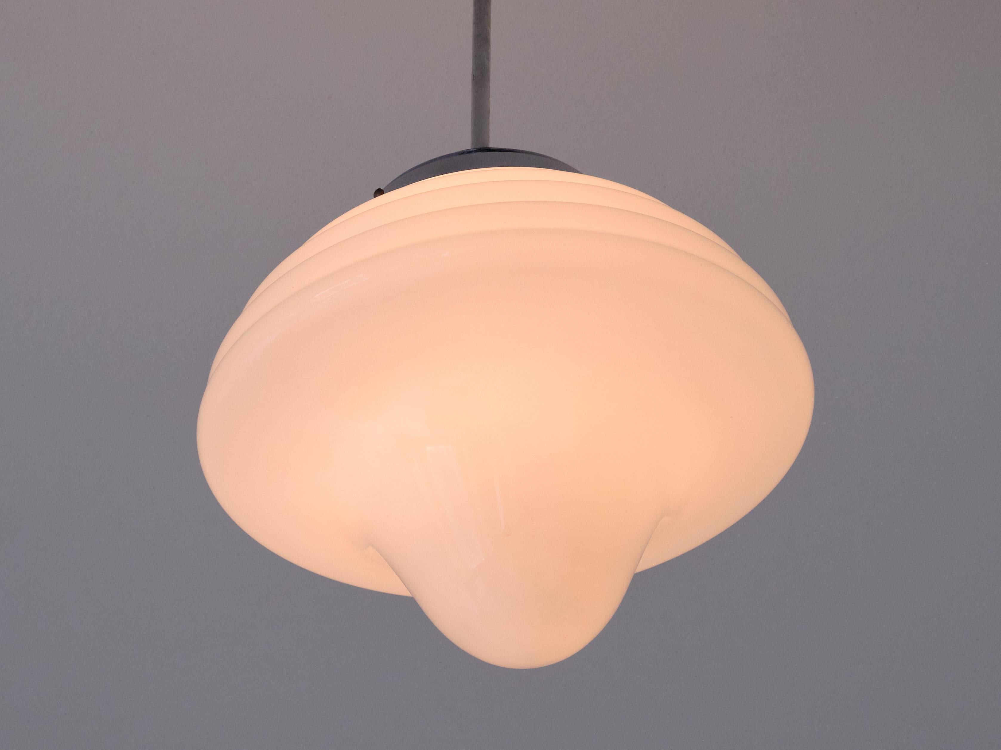 Art Deco Drop Shaped Pendant Light in Opal Glass and Nickel, Netherlands, 1930s For Sale 2