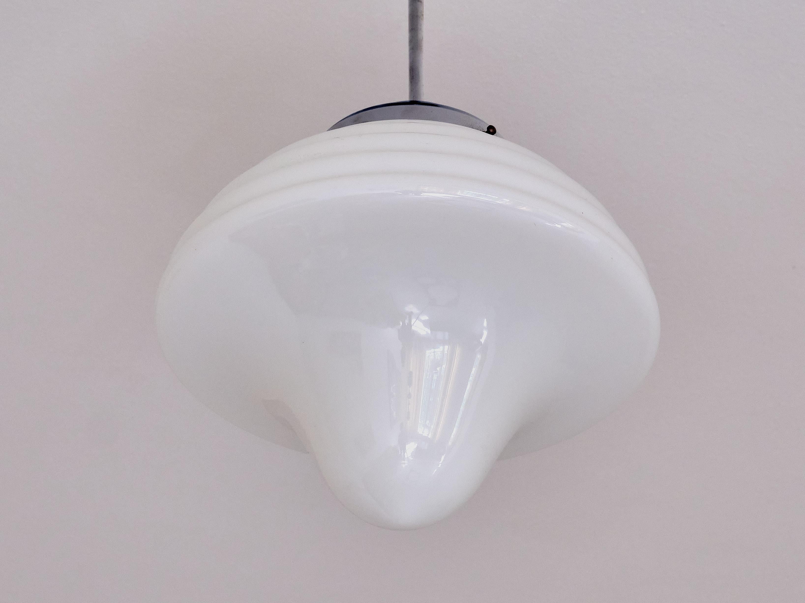 Art Deco Drop Shaped Pendant Light in Opal Glass and Nickel, Netherlands, 1930s For Sale 3