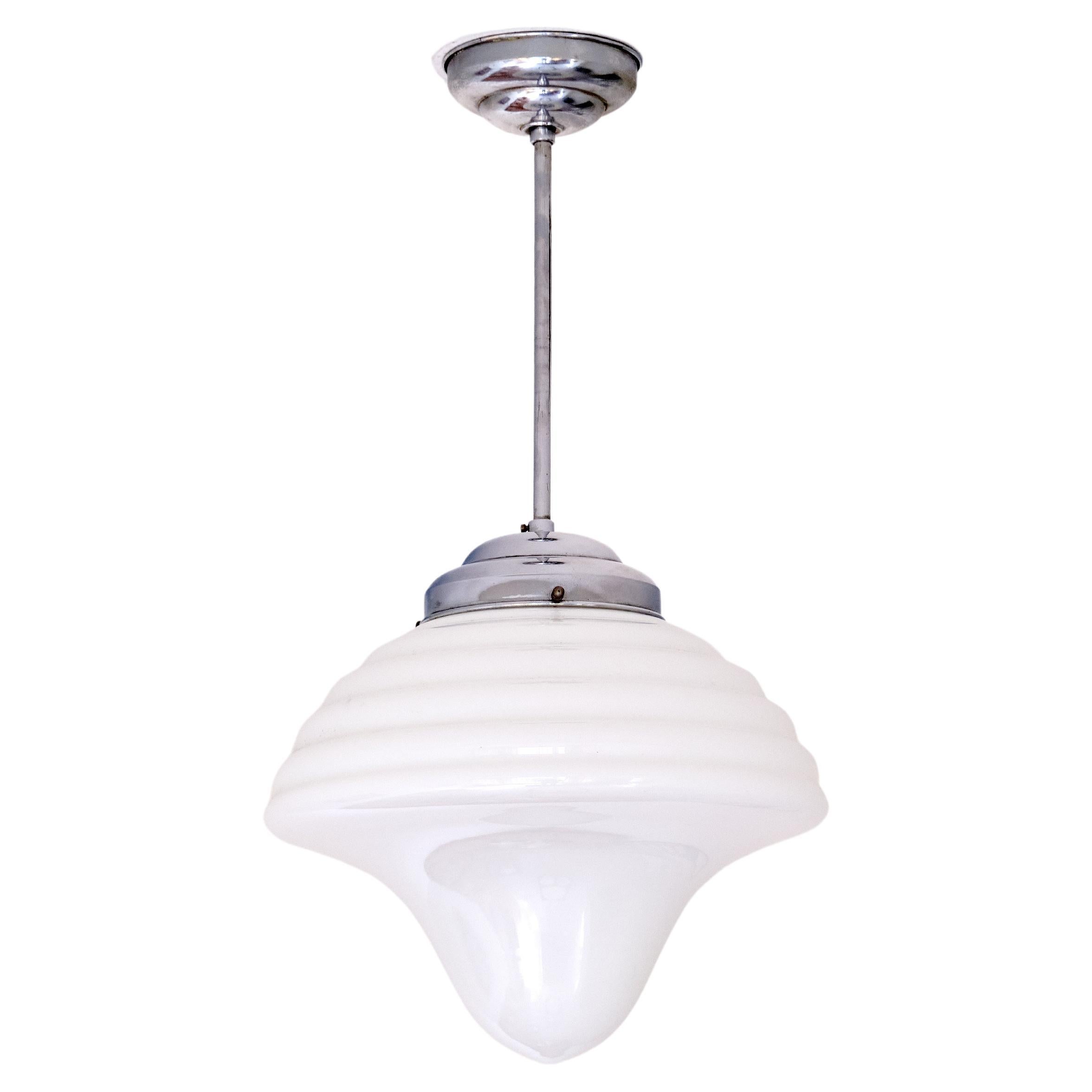 Art Deco Drop Shaped Pendant Light in Opal Glass and Nickel, Netherlands, 1930s For Sale
