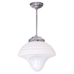 Art Deco Drop Shaped Pendant Light in Opal Glass and Nickel, Netherlands, 1930s