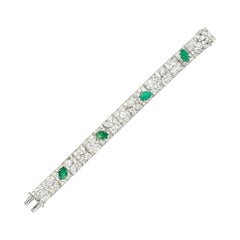 Art Deco Drosten 15.00 Carat Carved Emerald Diamond Platinum Bracelet
