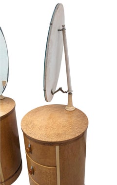 Art Deco Drum Shaped Maple Bedside Tables Night Stands With Mirrors, c1930