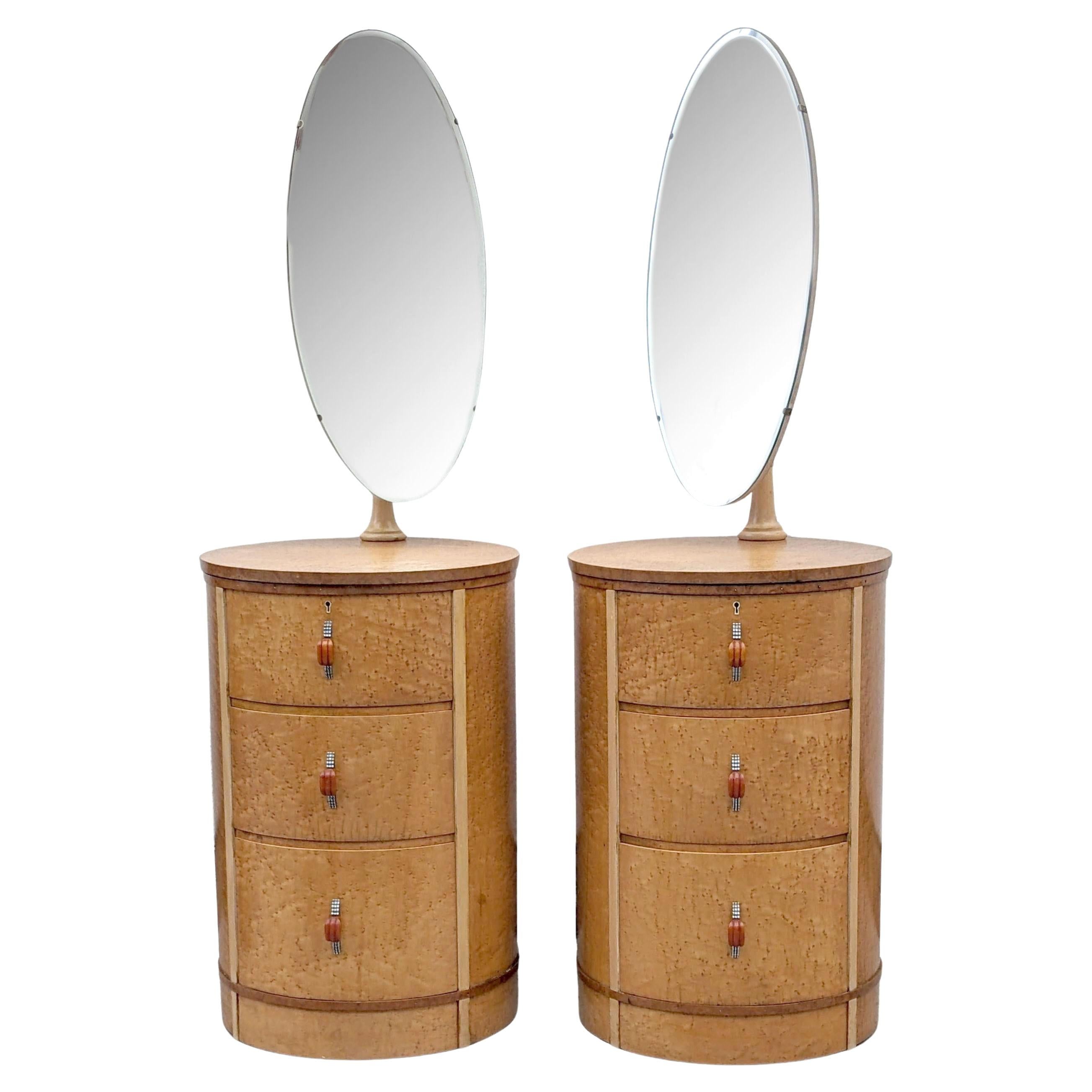 English Art Deco Drum Shaped Maple Bedside Tables Night Stands With Mirrors, c1930 For Sale