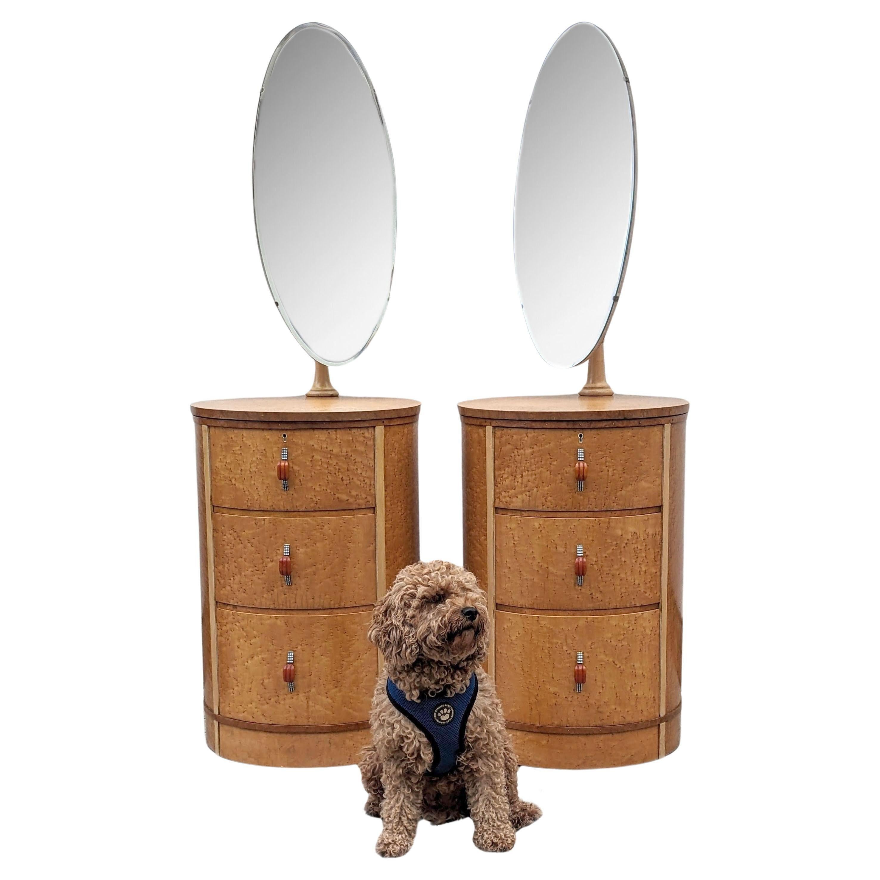 Art Deco Drum Shaped Maple Bedside Tables Night Stands With Mirrors, c1930 For Sale 1
