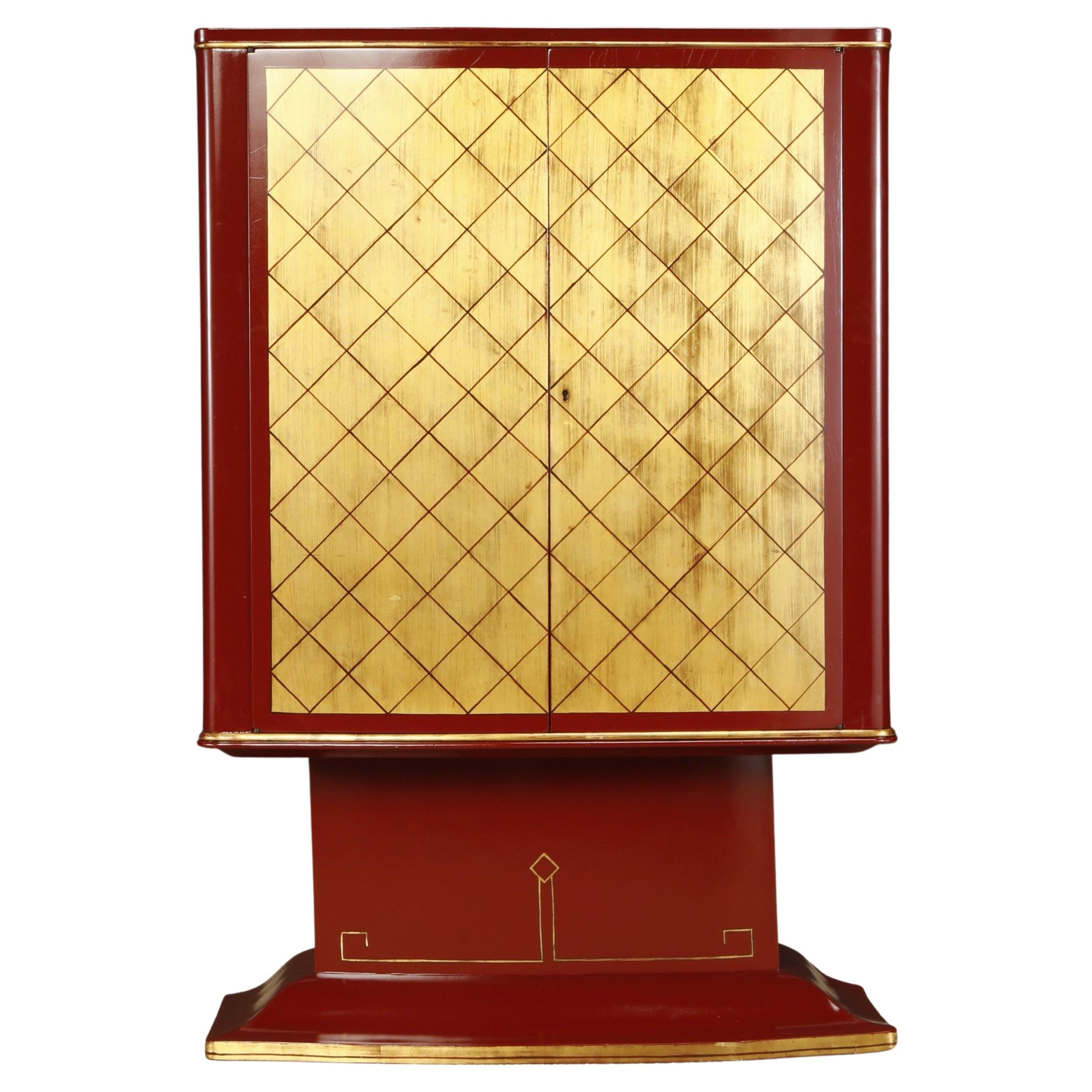 Art Deco Dry Bar Cabinet with Gold Leaf Doors, circa 1930s, Restored