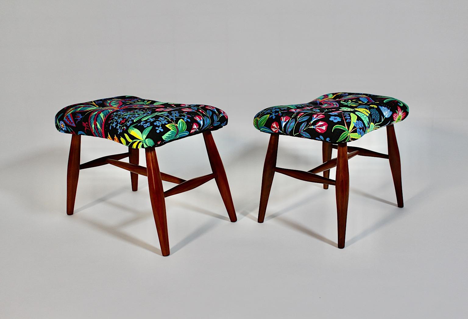 Early 20th Century Art Deco Duo Pair Cherry Black Floral Fabric Stools Josef Frank circa1928 Vienna For Sale