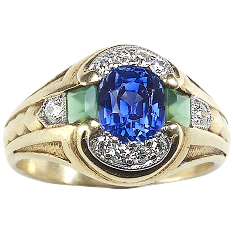 Art Deco Durand & Co. Sapphire, Chrysoprase, Diamond and Gold Ring, circa 1935 For Sale