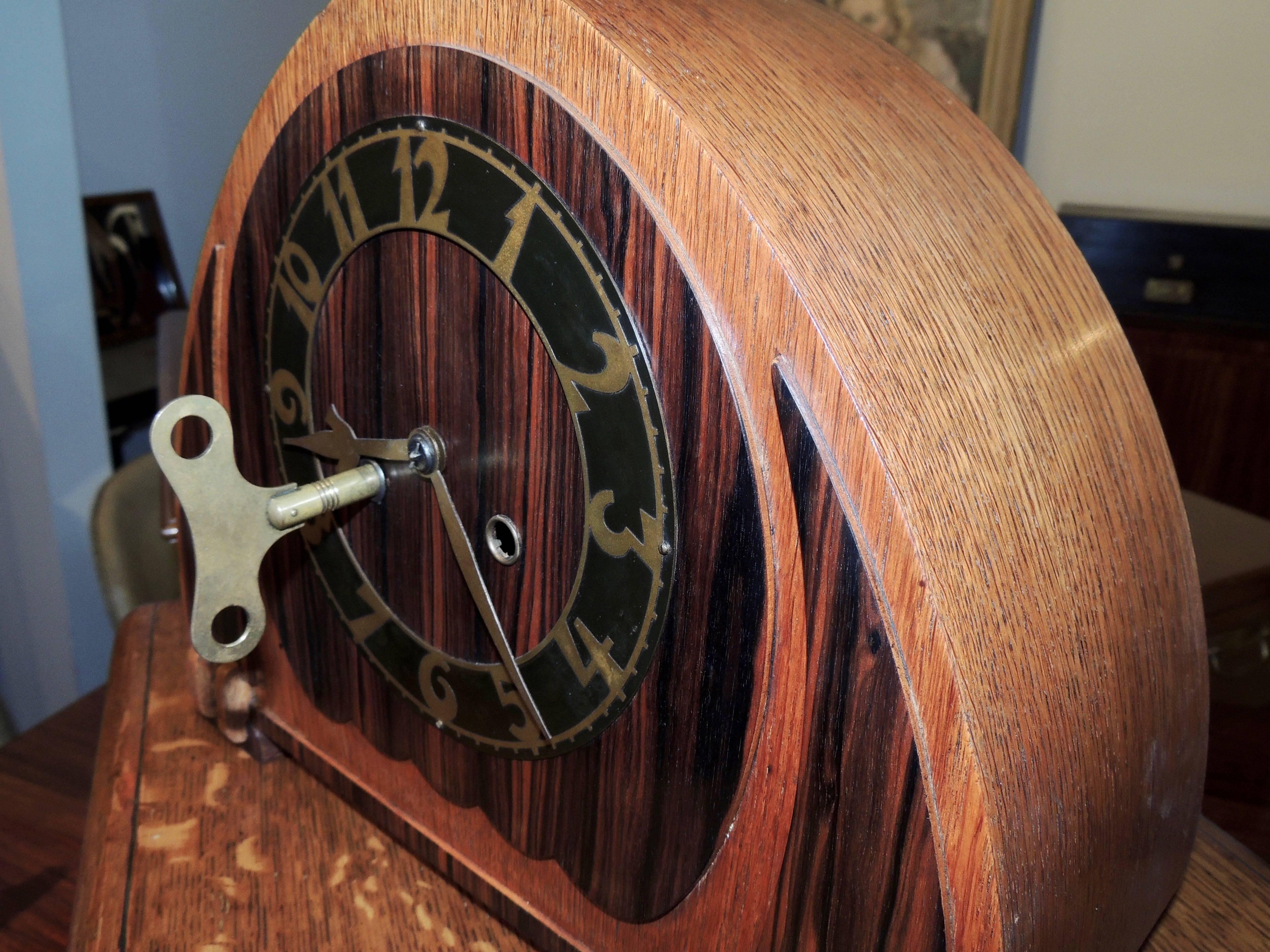 Art Deco Dutch Mantle Clock in Macassar and Oak In Excellent Condition In Oakland, CA