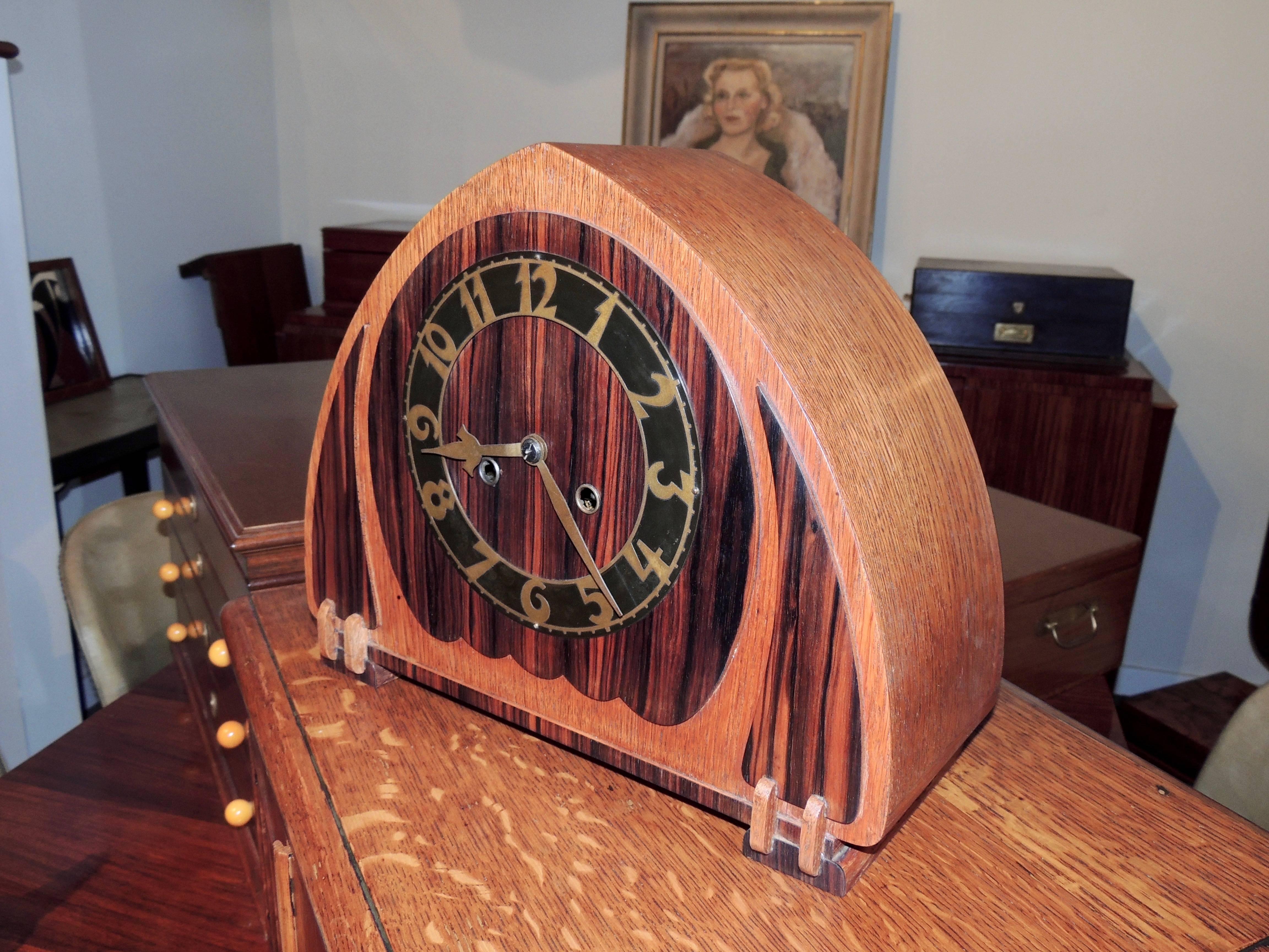 Mid-20th Century Art Deco Dutch Mantle Clock in Macassar and Oak