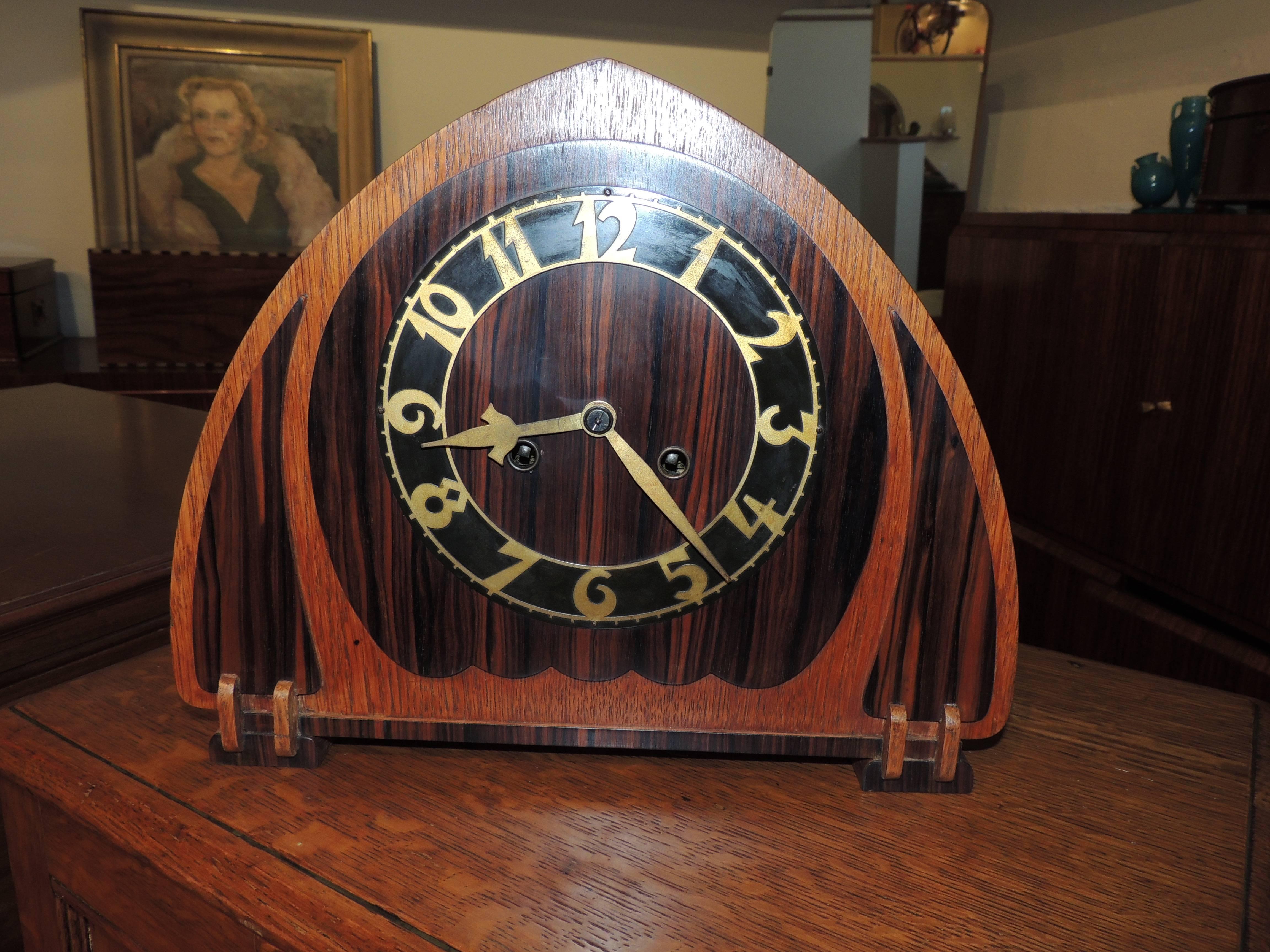 Art Deco Dutch Mantle Clock in Macassar and Oak 2