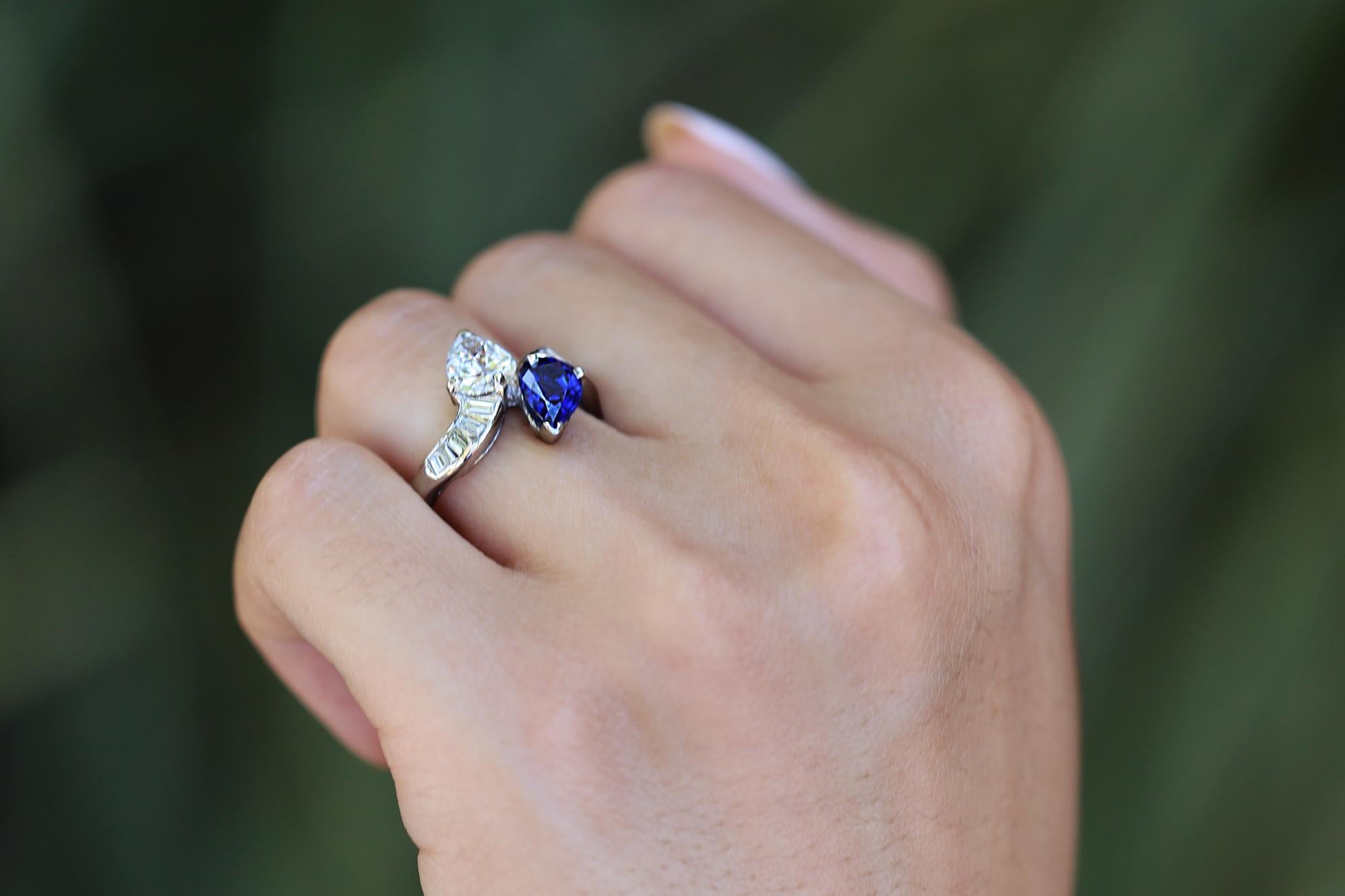 Pear Cut Art Deco E VS2 GIA Diamond & Sapphire Toi Et Moi Ring For Sale