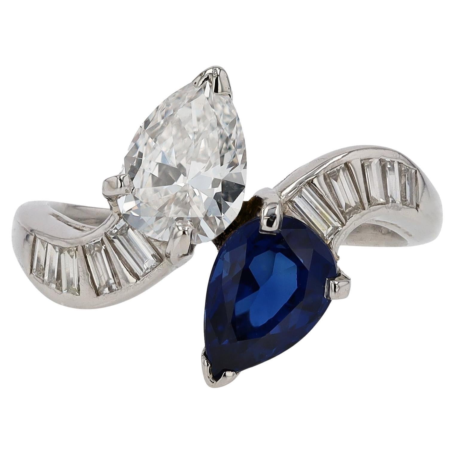 Art Deco E VS2 GIA Diamant & Saphir Toi Et Moi Ring