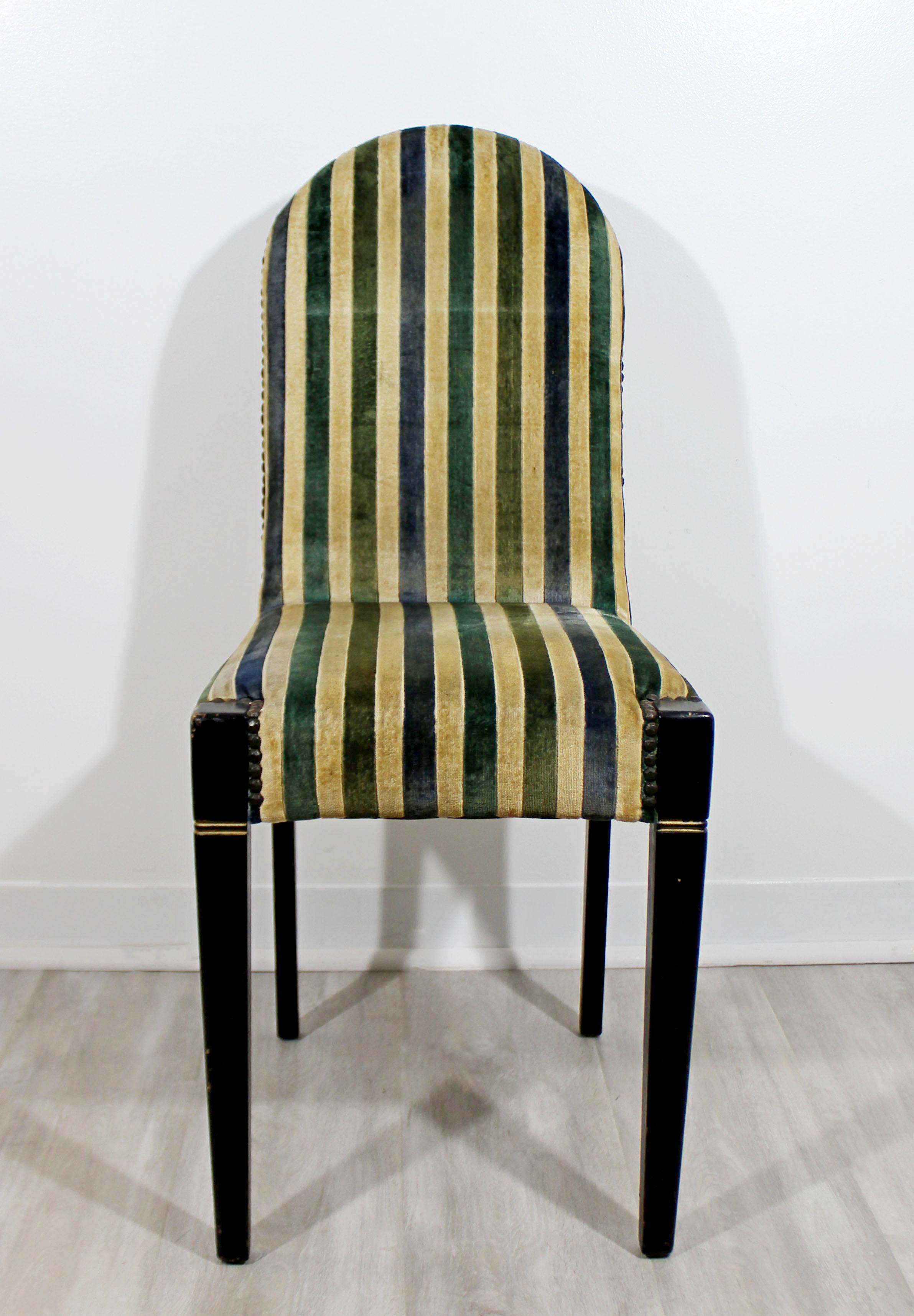 For your consideration is a marvelous, vintage side chair, with a blue green striped velvet upholstery. In very good antique condition. The dimensions are 15