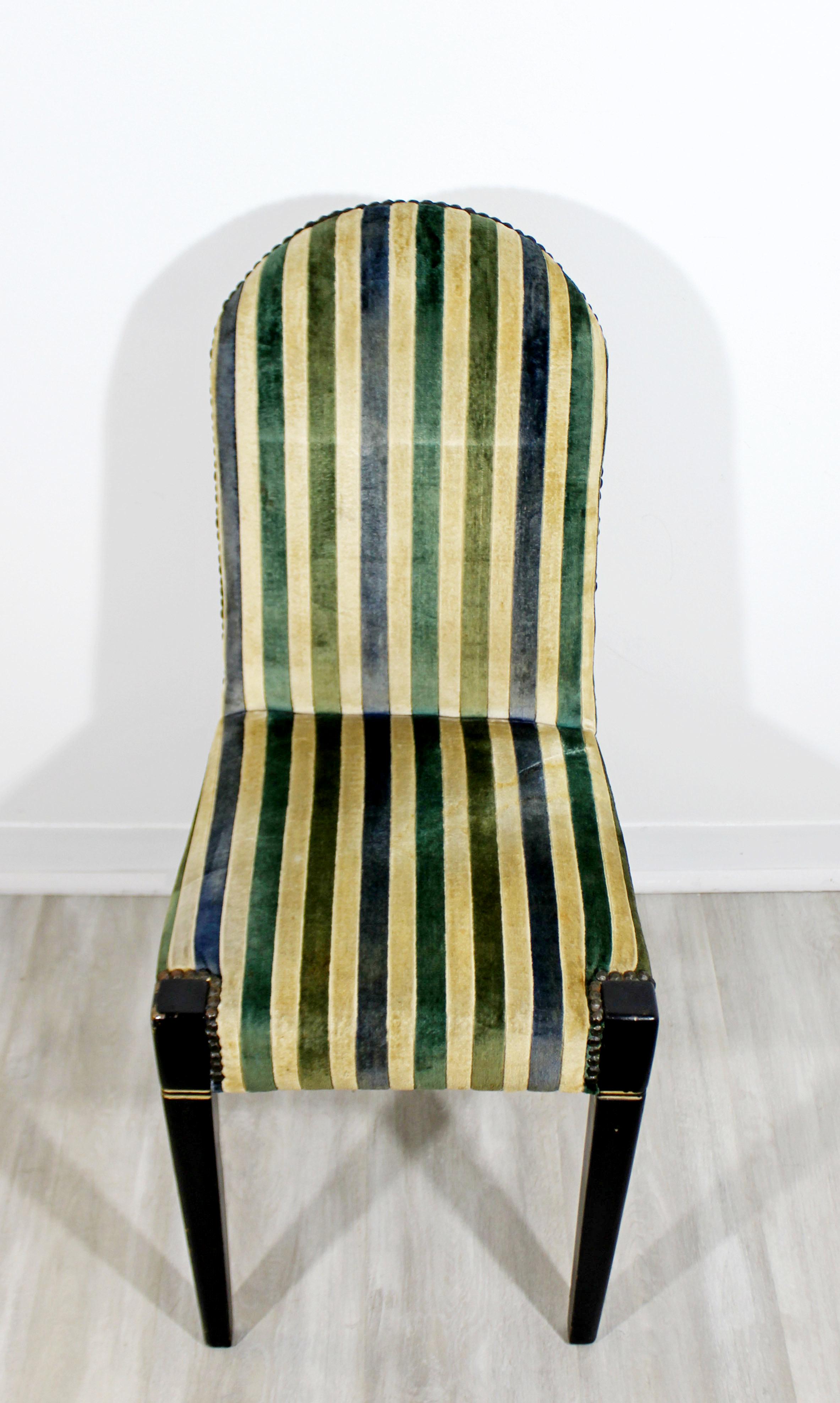 Art Deco Early 20th Century Vintage Striped Velvet Desk Accent Side Chair Green In Good Condition In Keego Harbor, MI