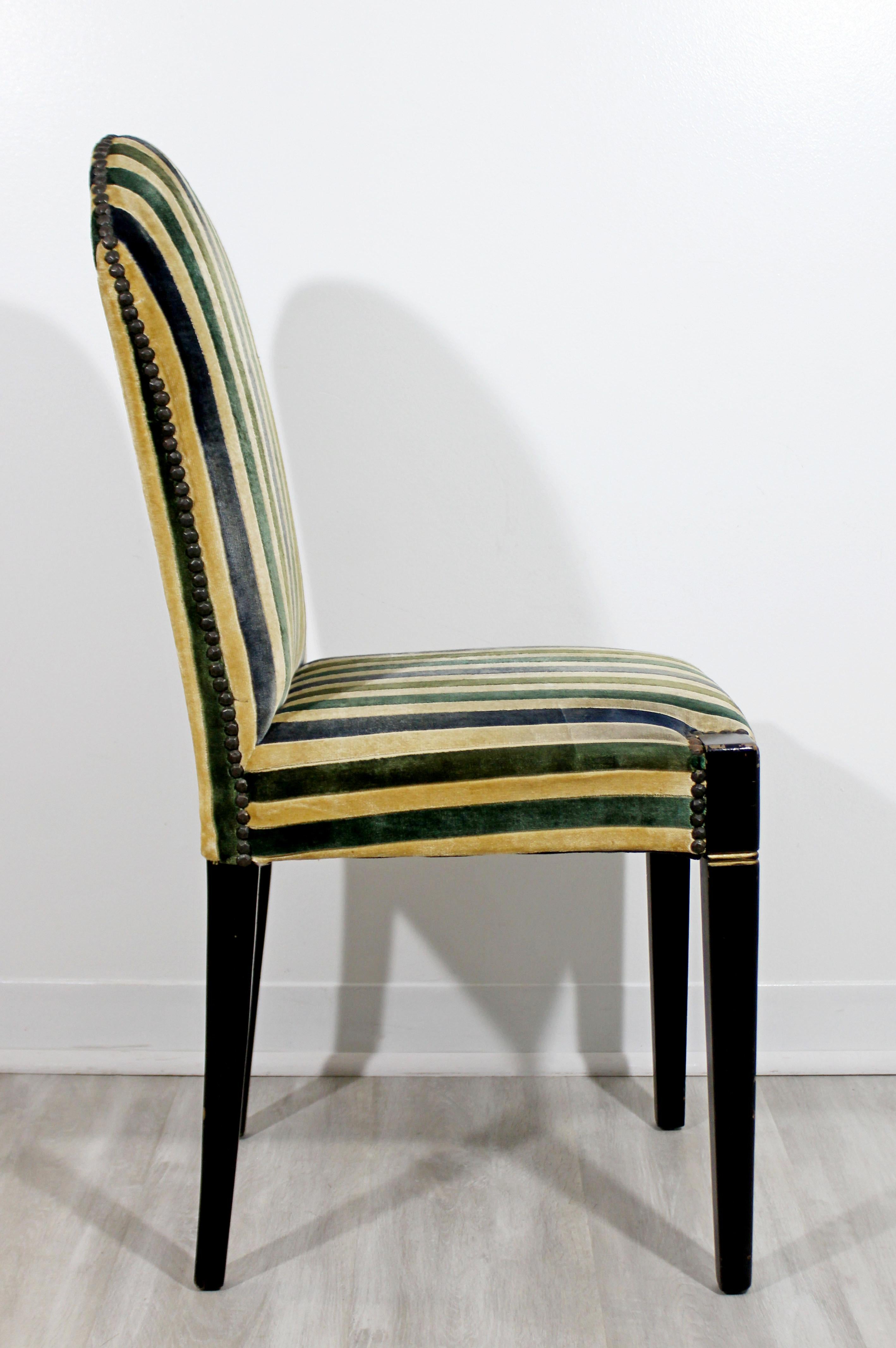 Art Deco Early 20th Century Vintage Striped Velvet Desk Accent Side Chair Green 2