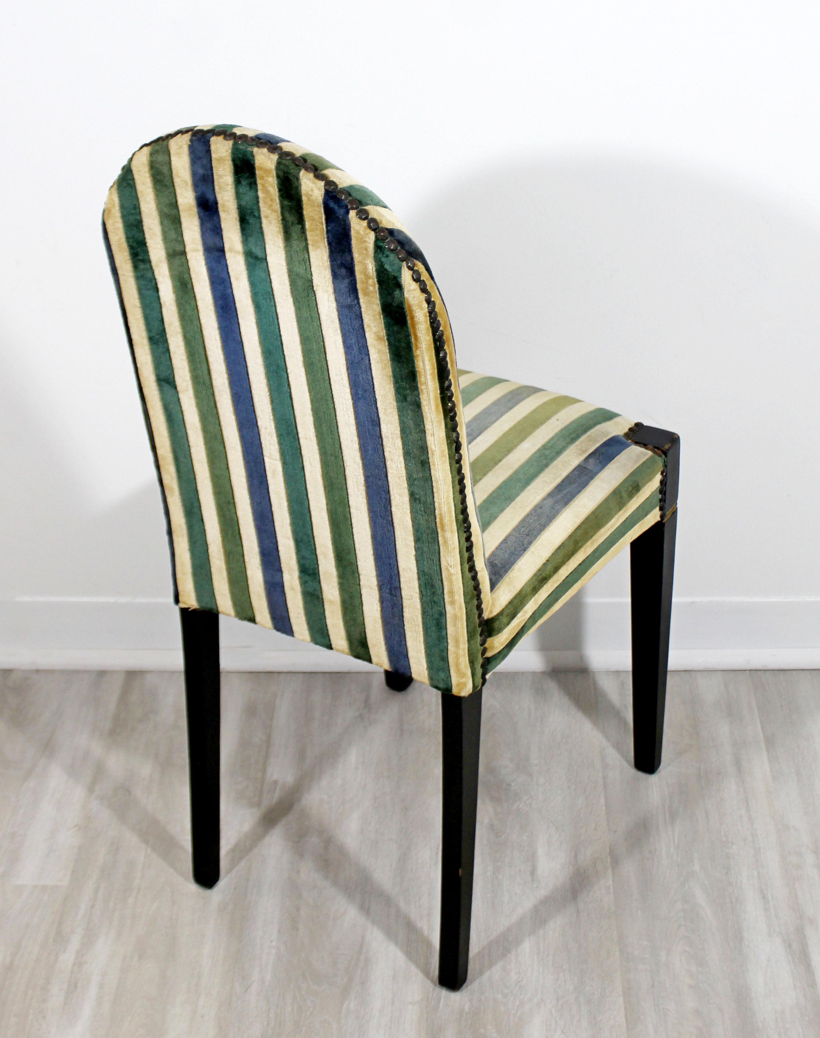 Art Deco Early 20th Century Vintage Striped Velvet Desk Accent Side Chair Green 3