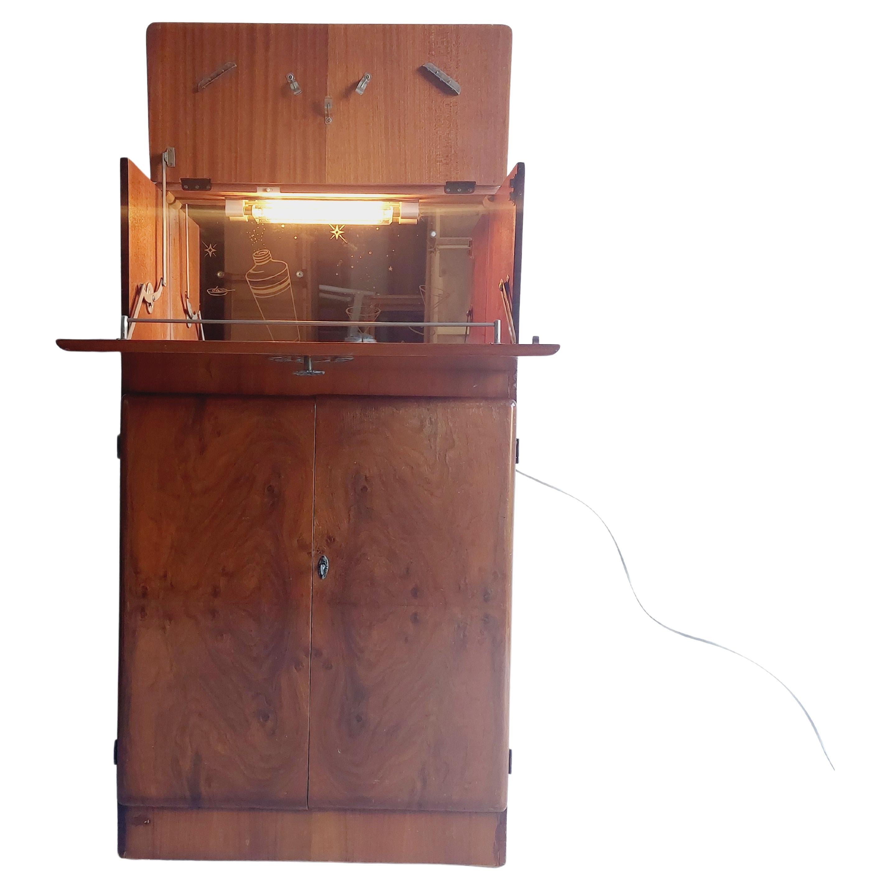 Art Deco Early Mid century walnut Cocktail drinks Cabinet, Vintage  Bar, 40s