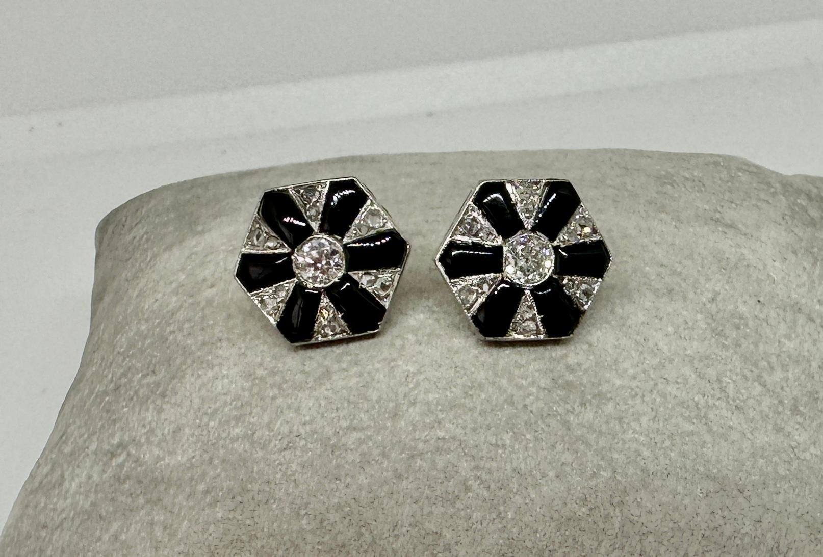 Old Mine Cut Art Deco Earrings Diamond Black Onyx Platinum Old Mine Rose Cut Diamonds Antique For Sale