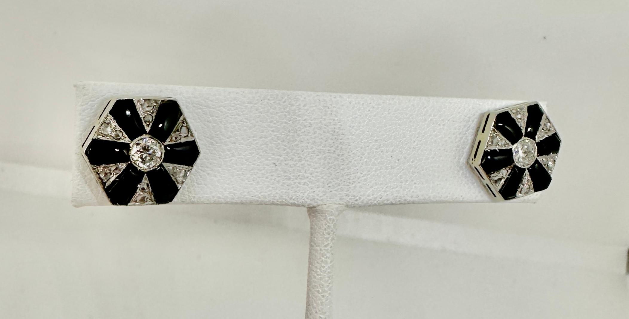 Women's Art Deco Earrings Diamond Black Onyx Platinum Old Mine Rose Cut Diamonds Antique For Sale
