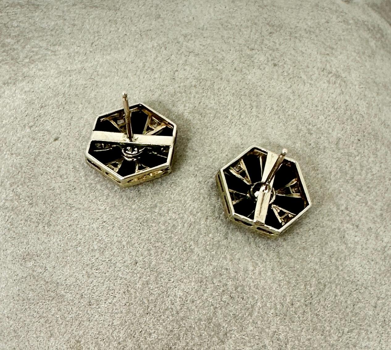 Boucles d'oreilles Art déco anciennes en platine, onyx noir et diamants taille vieille mine en vente 1