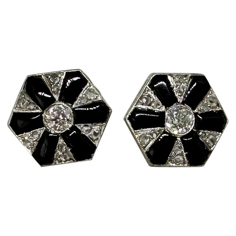 Orecchini Art Deco Diamante Onice Nero Platino Diamanti Old Mine Taglio Rosa Antico