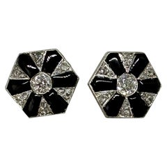Boucles d'oreilles Art déco anciennes en platine, onyx noir et diamants taille vieille mine