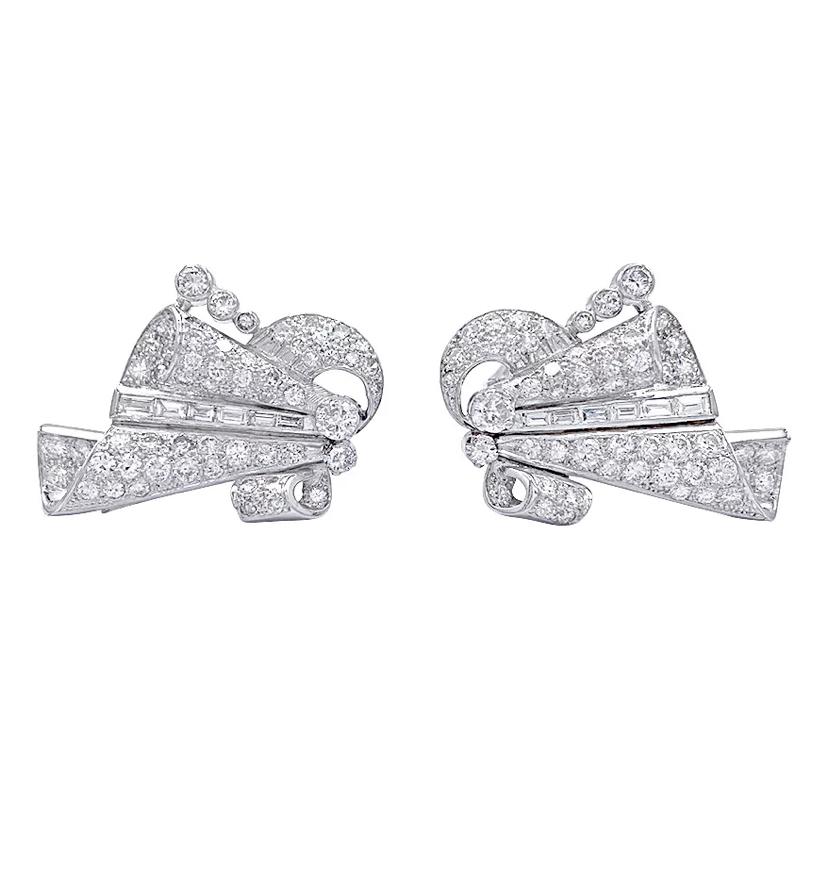 Pendientes Art Déco, Platino y Diamantes Corte brillante en venta
