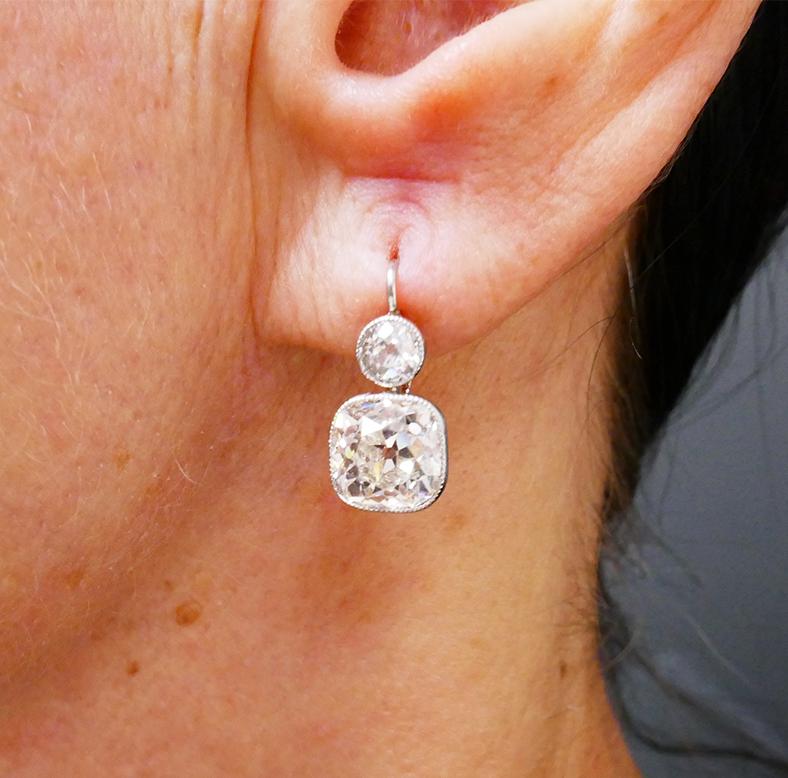 Art Deco Earrings Platinum Diamond Dangle Antique Cut (Art déco) im Angebot